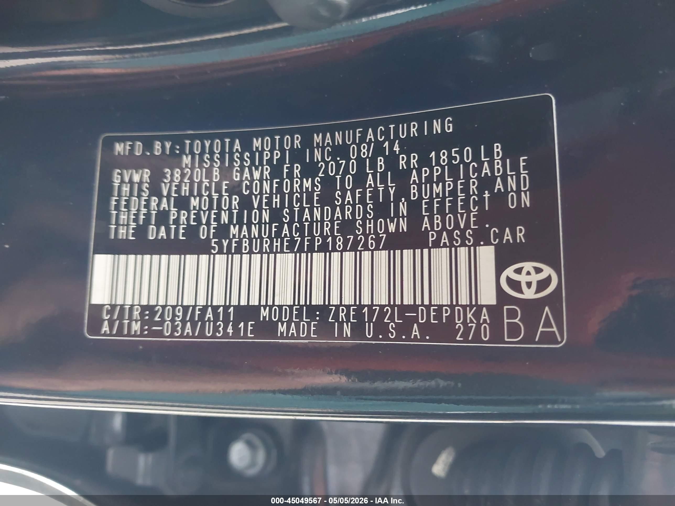 2015 Toyota Corolla L Черный vin: 5YFBURHE7FP187267