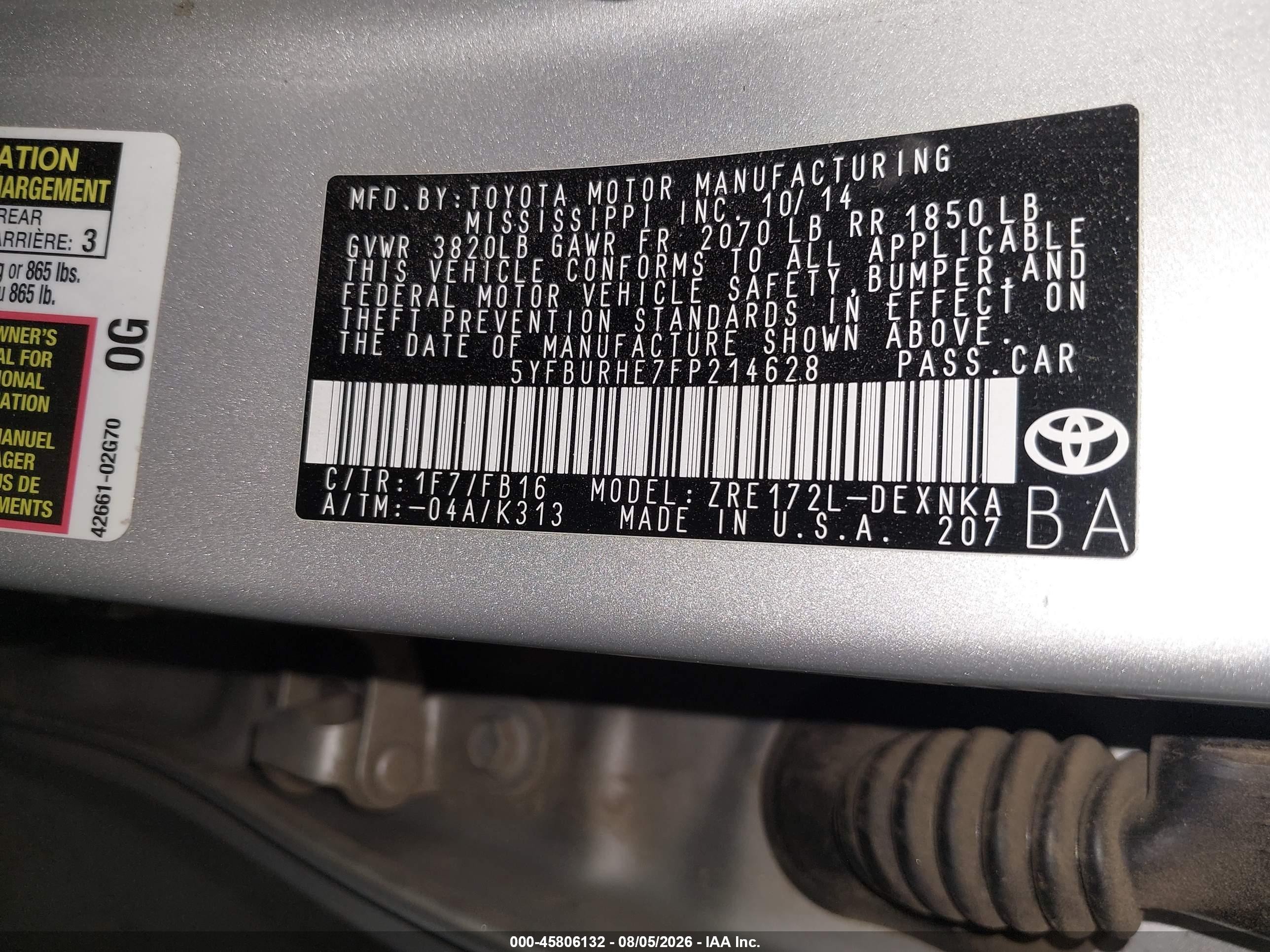2015 Toyota Corolla Le Серебряный vin: 5YFBURHE7FP214628