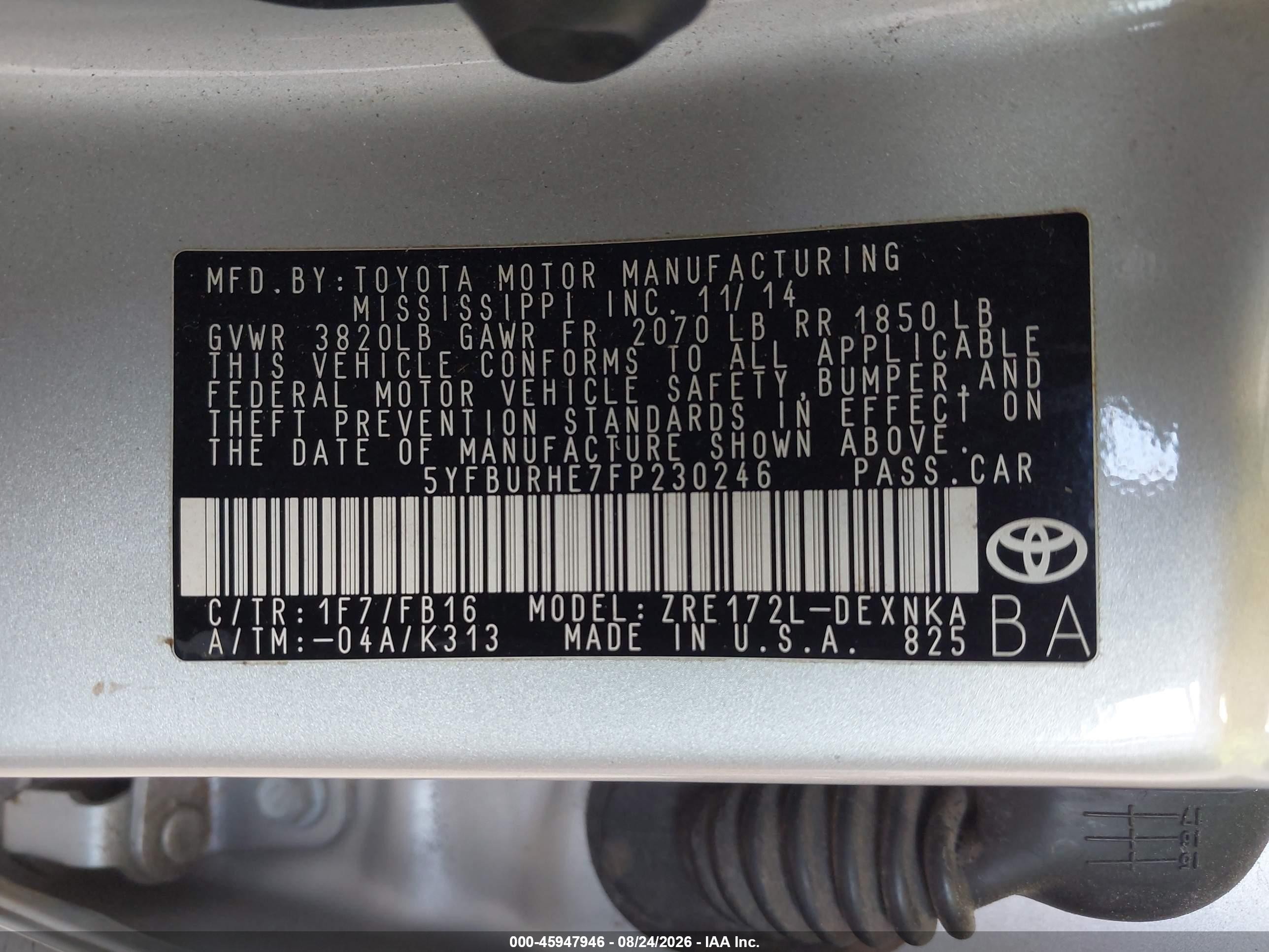 2015 Toyota Corolla Le Silver vin: 5YFBURHE7FP230246