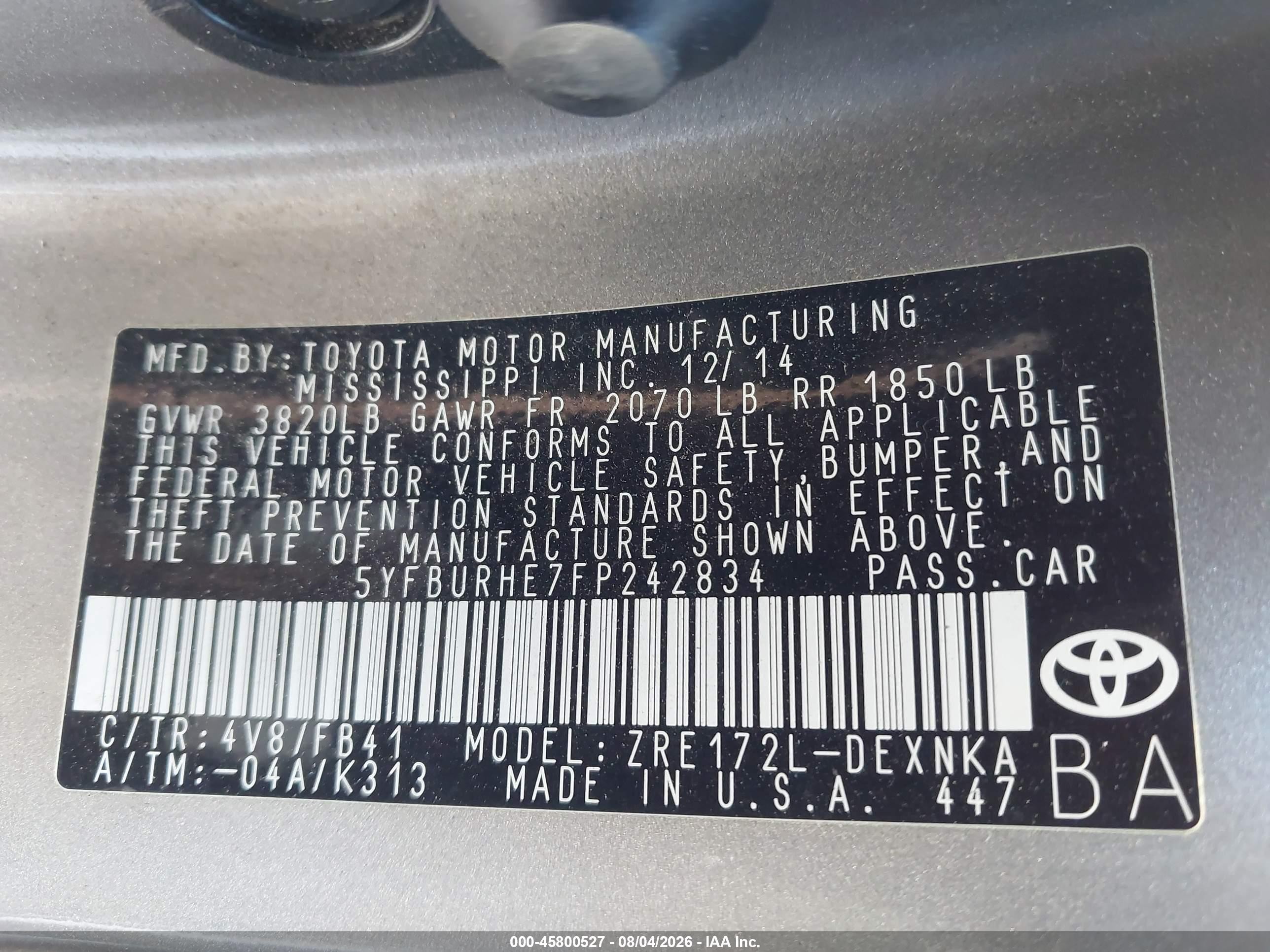 2015 Toyota Corolla Le Brown vin: 5YFBURHE7FP242834