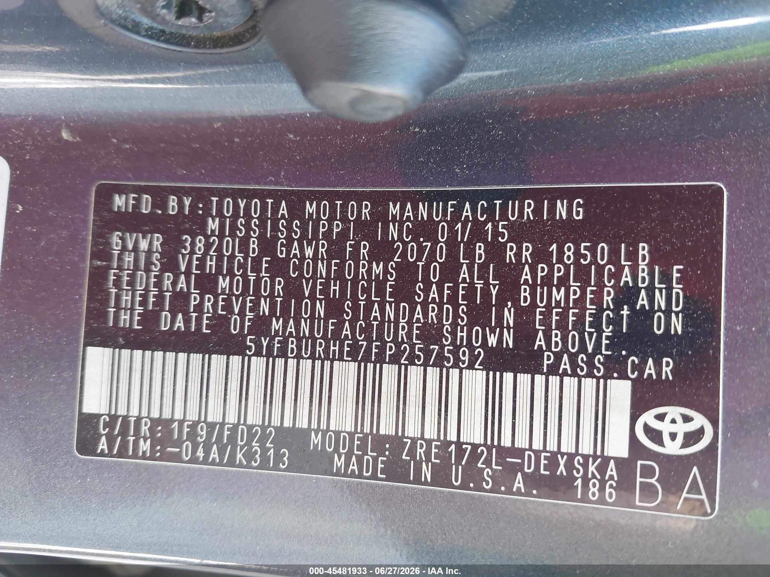 2015 Toyota Corolla S Plus Gray vin: 5YFBURHE7FP257592