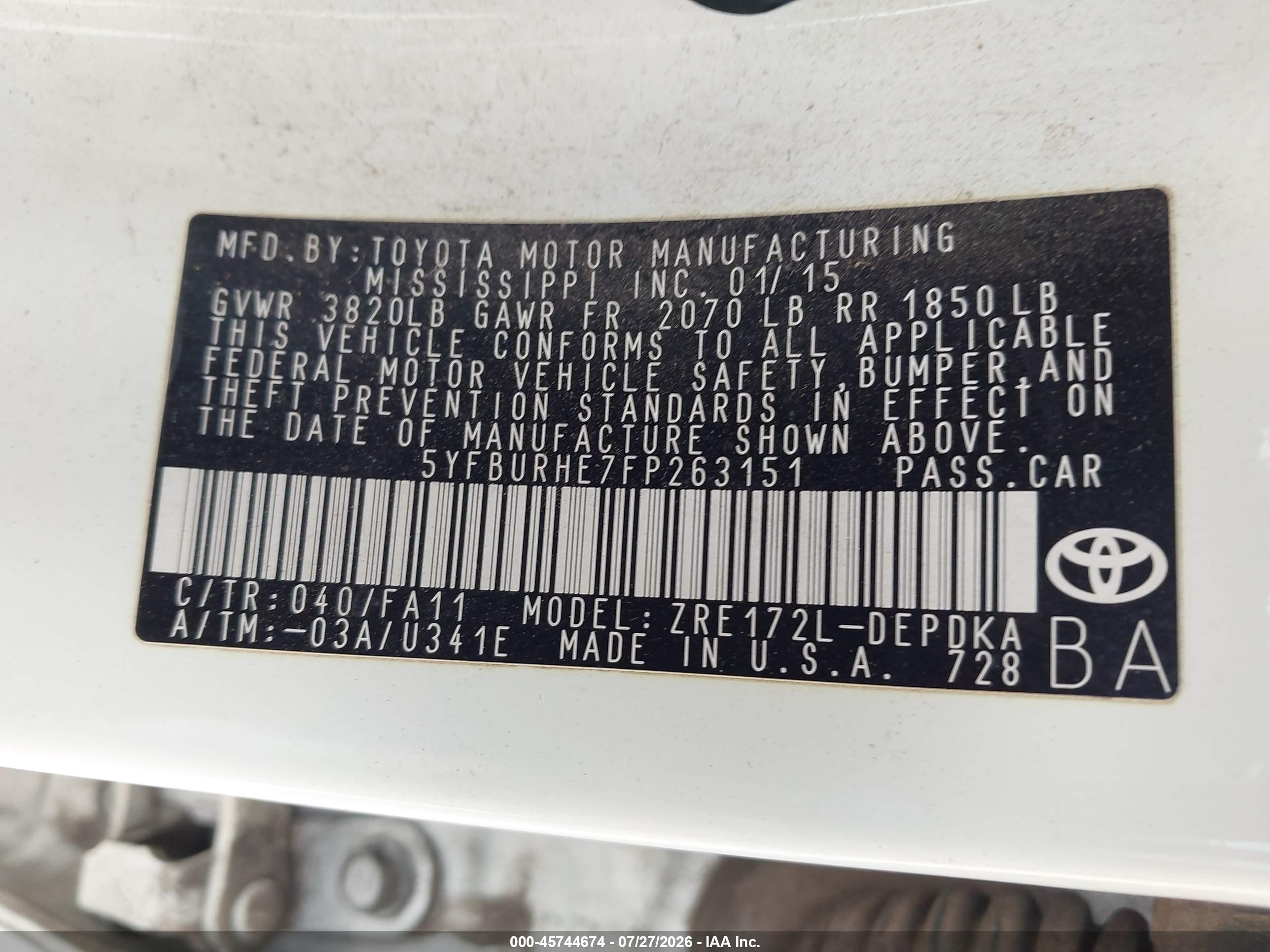 2015 Toyota Corolla L White vin: 5YFBURHE7FP263151