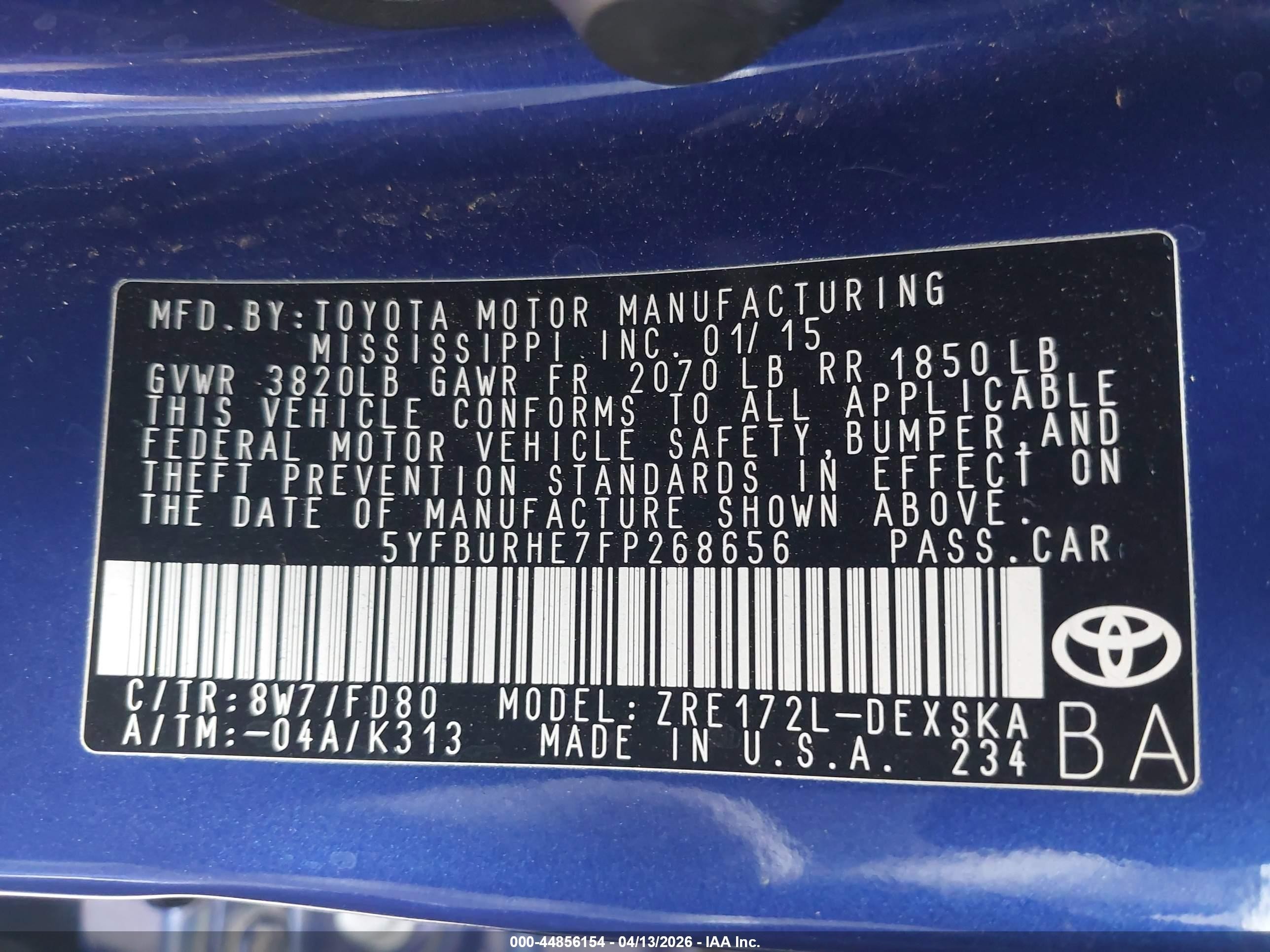 2015 Toyota Corolla S Plus Blue vin: 5YFBURHE7FP268656