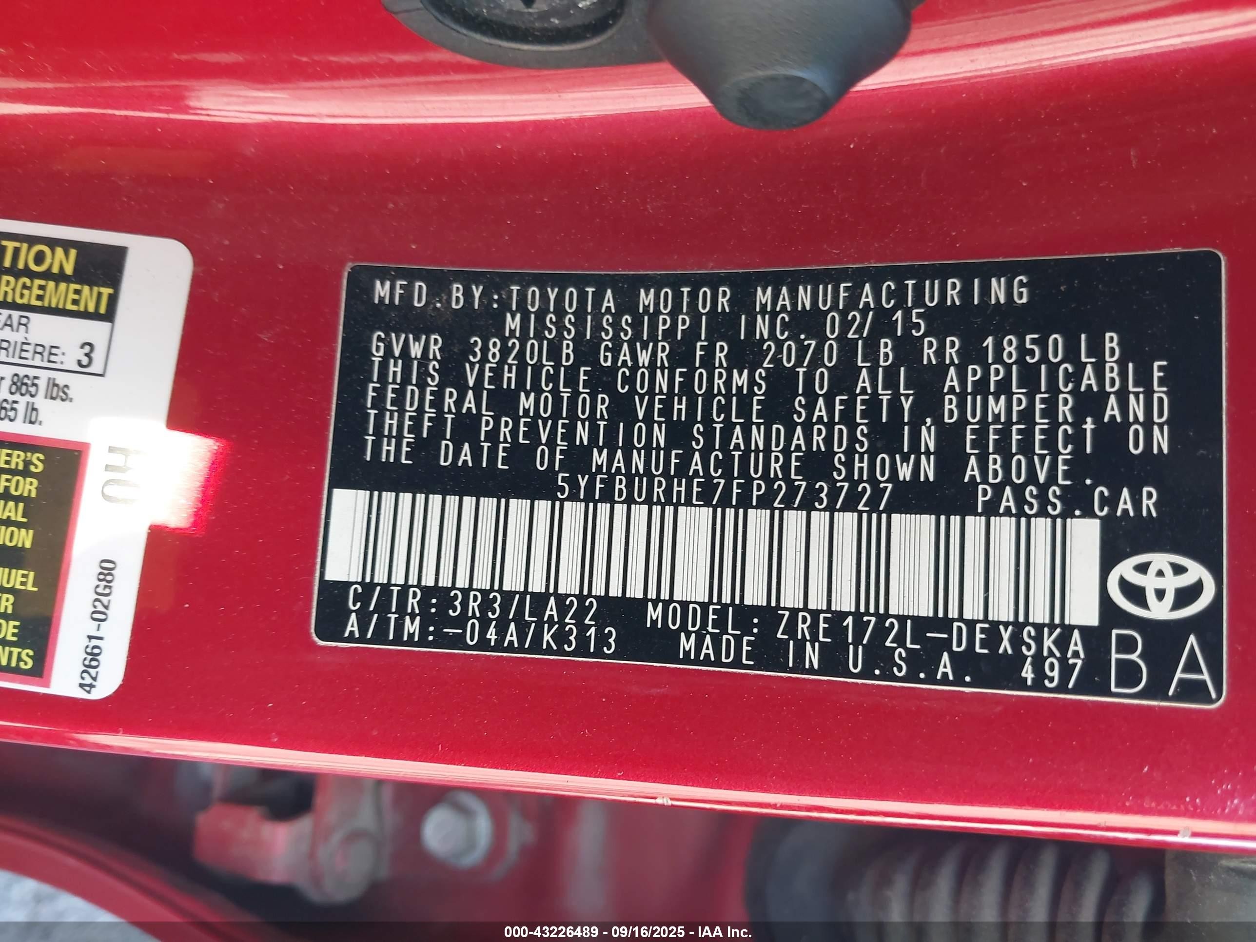 2015 Toyota Corolla S Premium Red vin: 5YFBURHE7FP273727