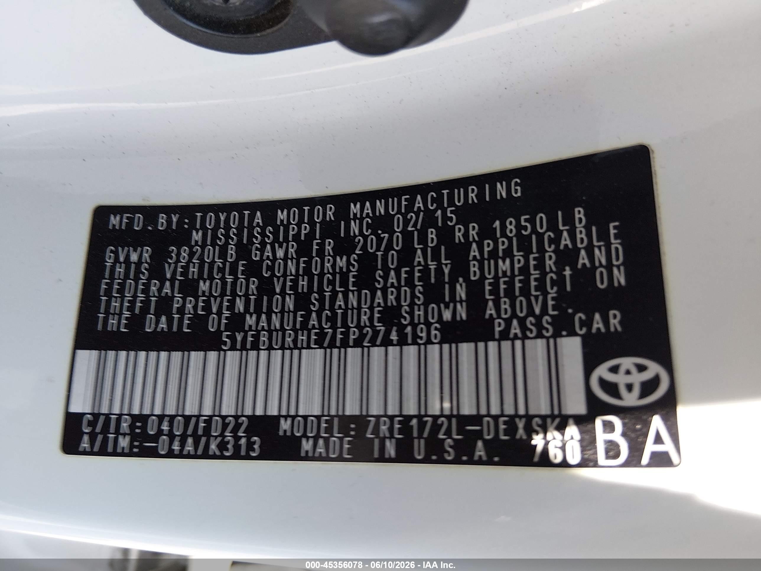 2015 Toyota Corolla S Plus White vin: 5YFBURHE7FP274196