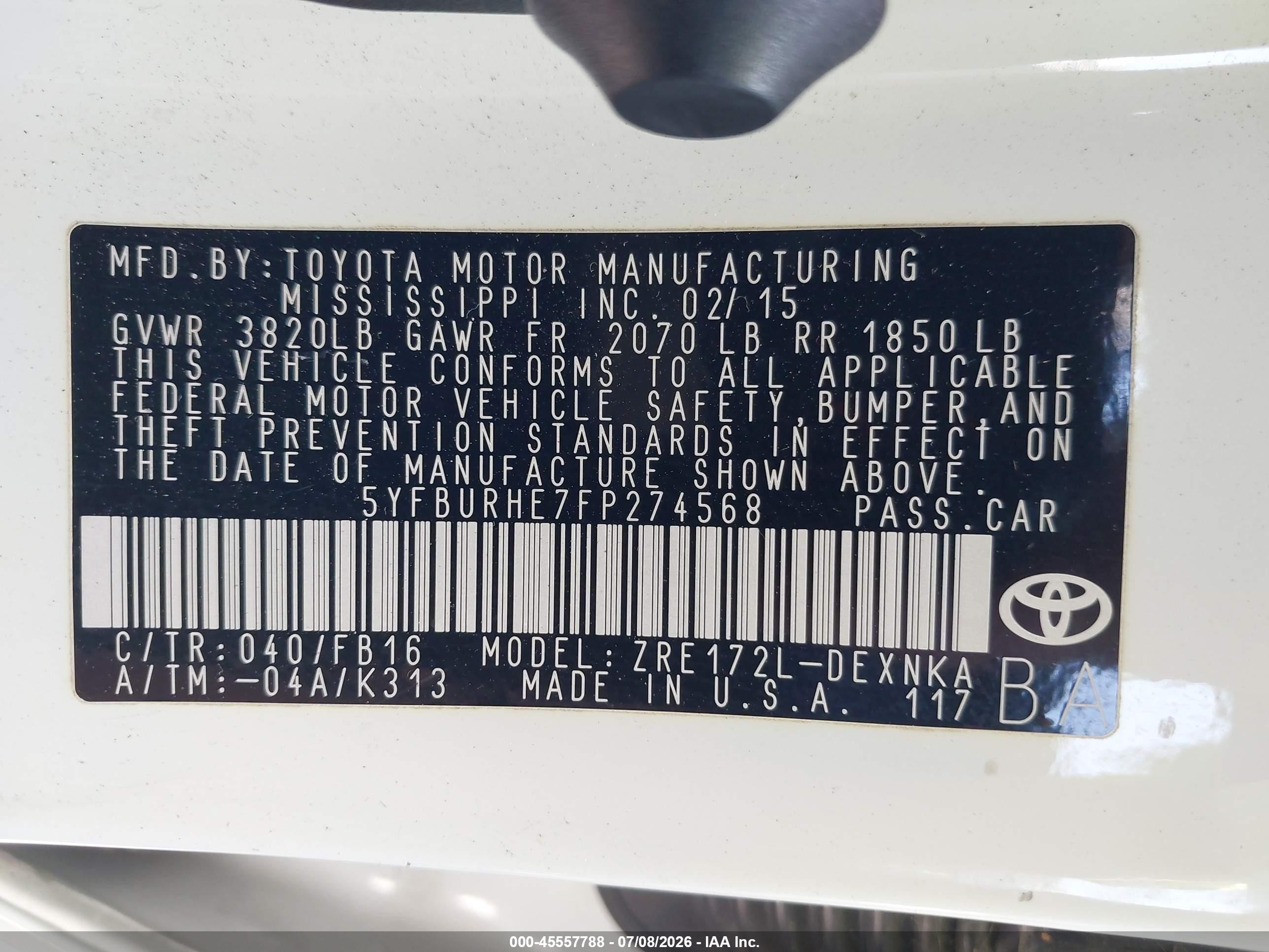 2015 Toyota Corolla Le Plus White vin: 5YFBURHE7FP274568