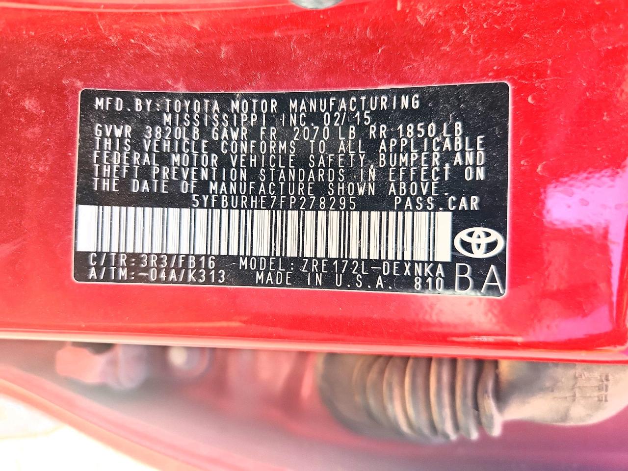 2015 Toyota Corolla Le Red vin: 5YFBURHE7FP278295