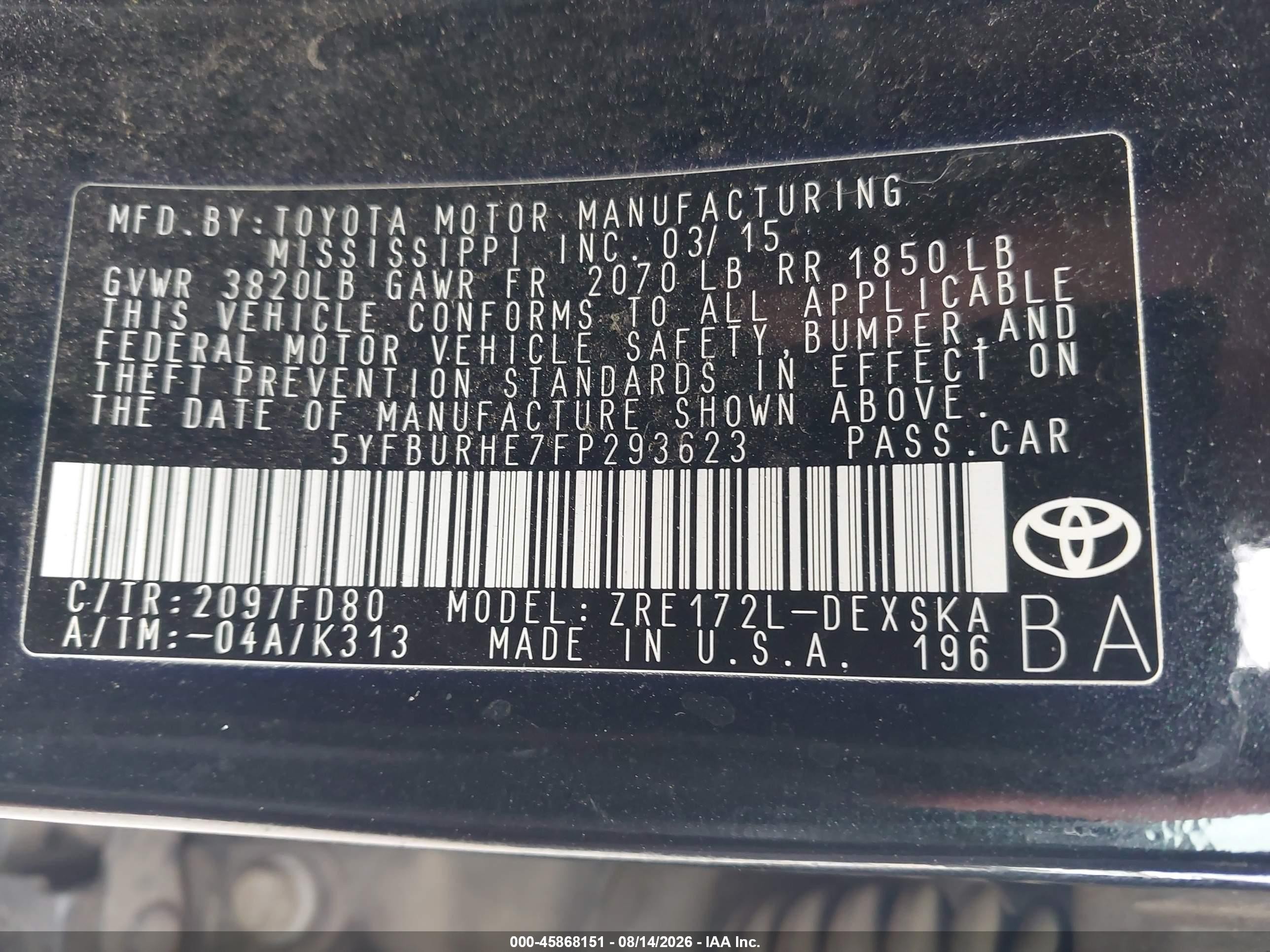 2015 Toyota Corolla S Plus Черный vin: 5YFBURHE7FP293623