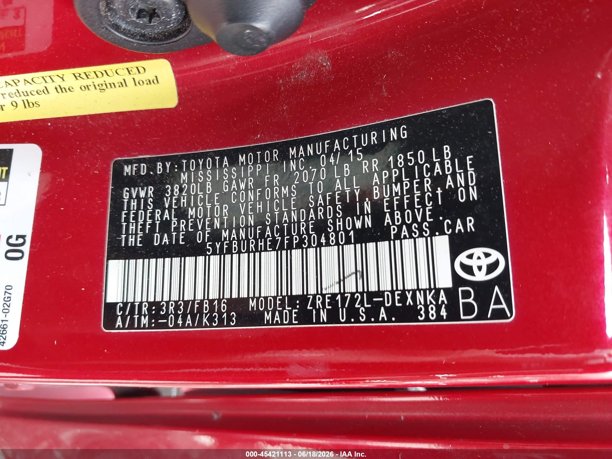 2015 Toyota Corolla Le Red vin: 5YFBURHE7FP304801