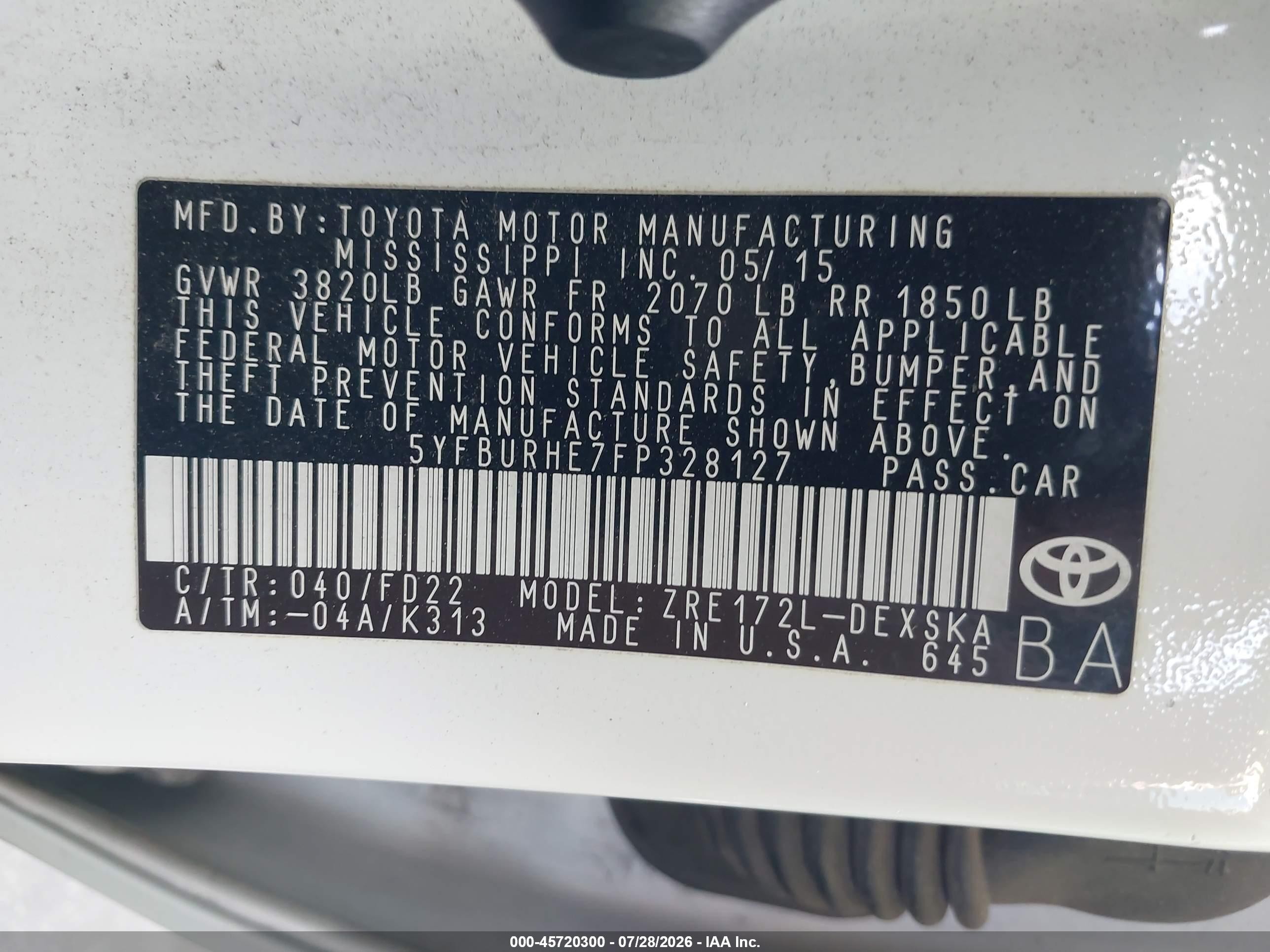 2015 Toyota Corolla S Plus White vin: 5YFBURHE7FP328127