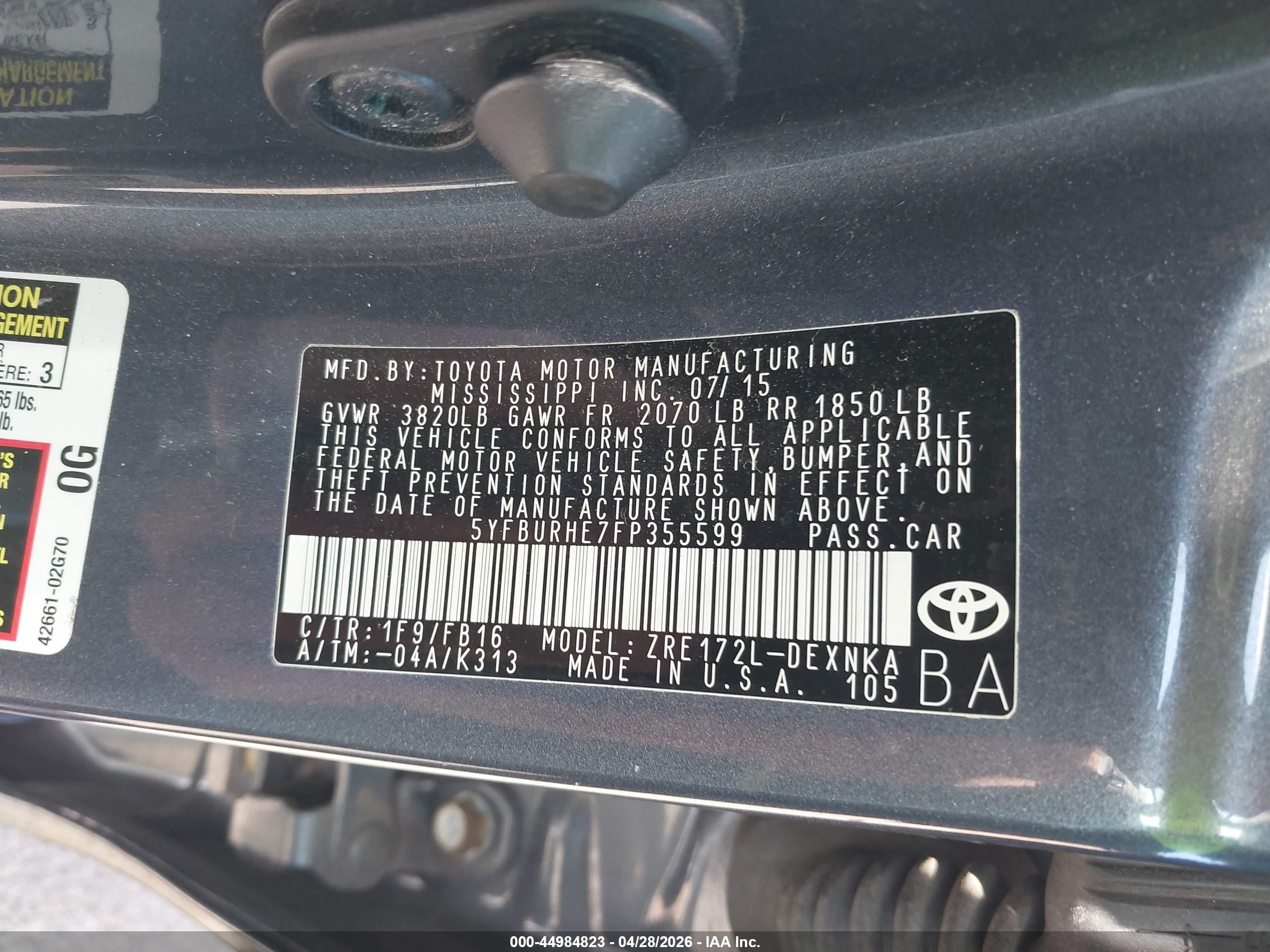 2015 Toyota Corolla Le/le Plus/le Premium Gray vin: 5YFBURHE7FP355599
