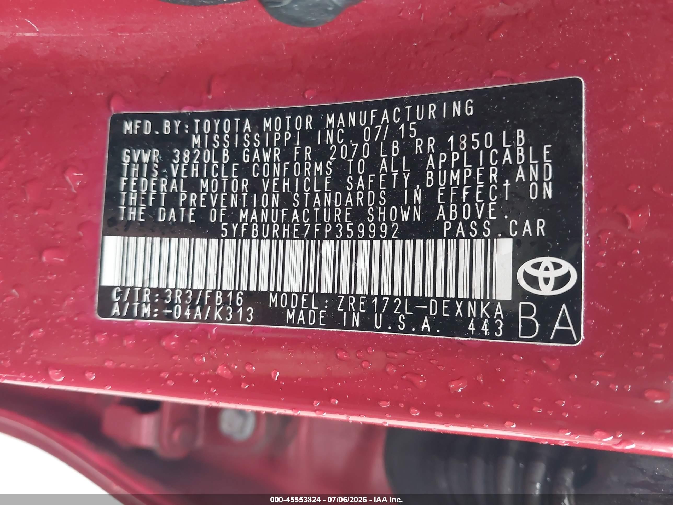 2015 Toyota Corolla Le Red vin: 5YFBURHE7FP359992