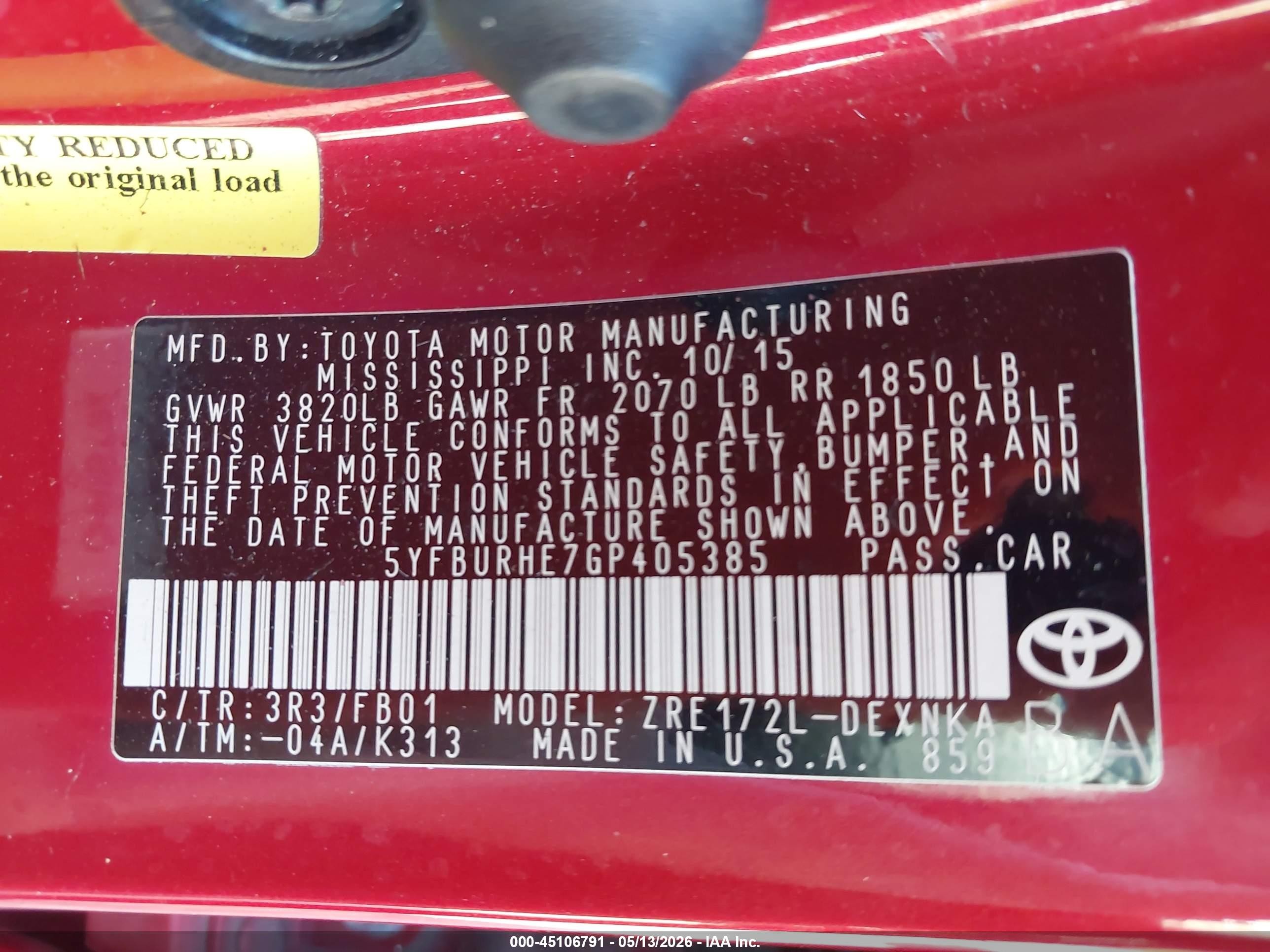 2016 Toyota Corolla Le Red vin: 5YFBURHE7GP405385