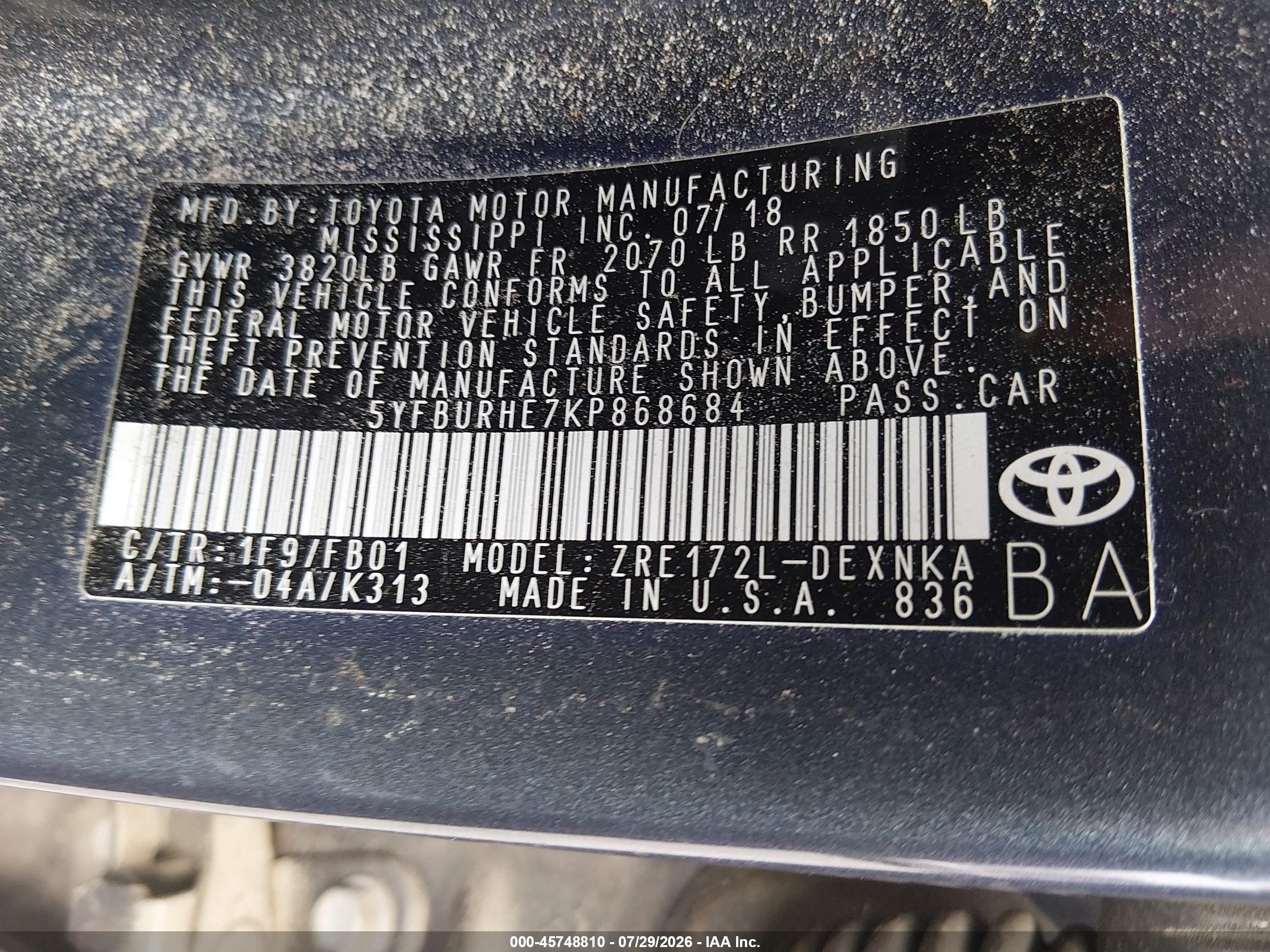 2019 Toyota Corolla Le Blue vin: 5YFBURHE7KP868684