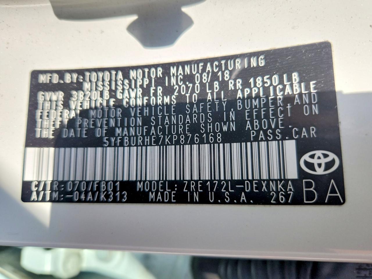 2019 Toyota Corolla Le Белый vin: 5YFBURHE7KP876168