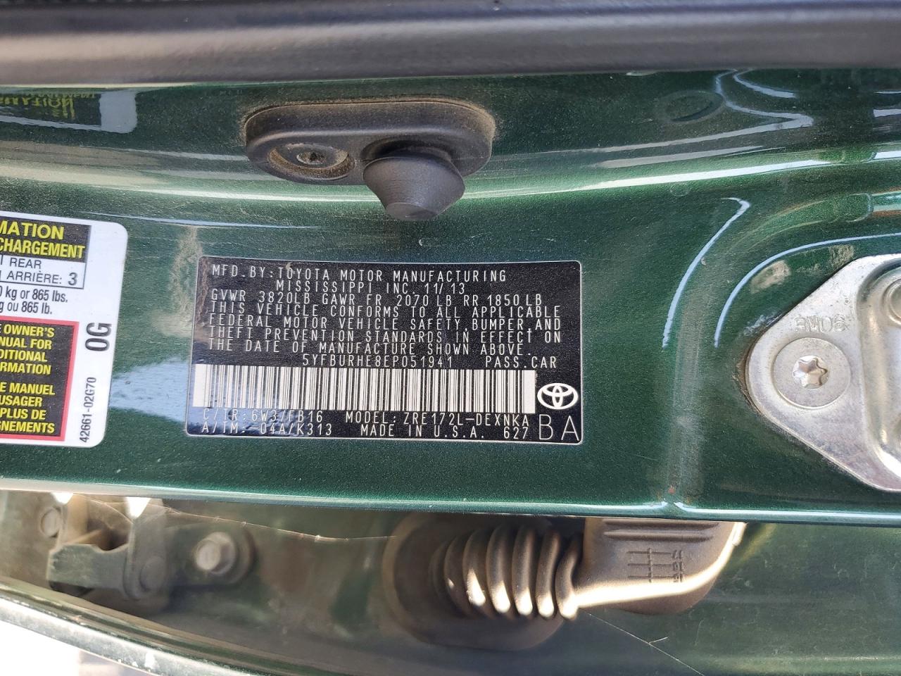 2014 Toyota Corolla Le Green vin: 5YFBURHE8EP051941