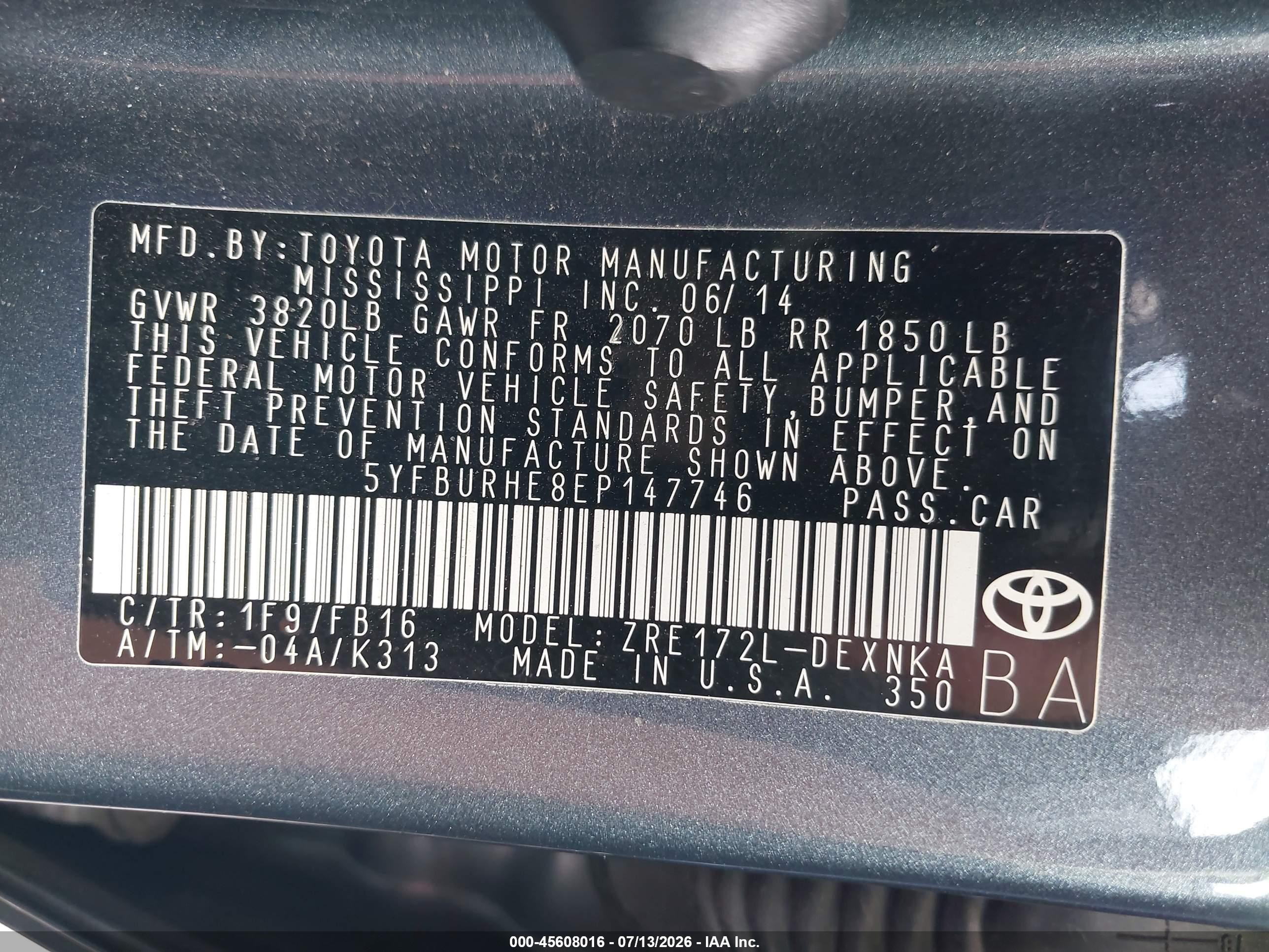 2014 Toyota Corolla Le Plus Dark Blue vin: 5YFBURHE8EP147746