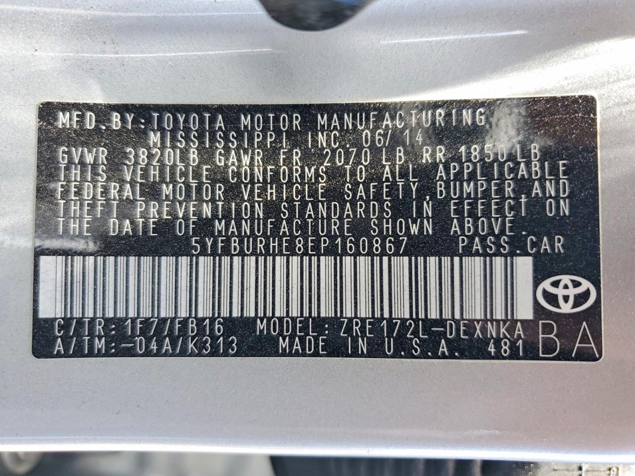 2014 Toyota Corolla Le Silver vin: 5YFBURHE8EP160867