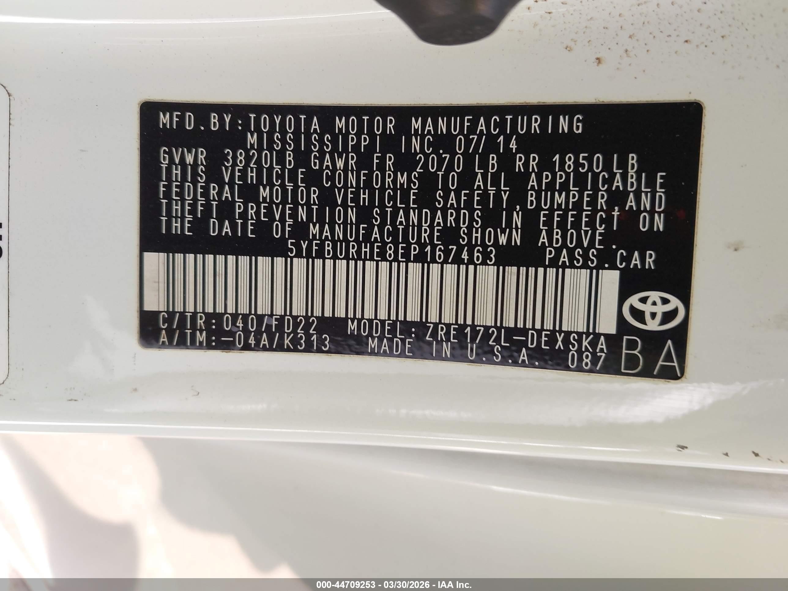 2014 Toyota Corolla S/s Plus/s Premium White vin: 5YFBURHE8EP167463