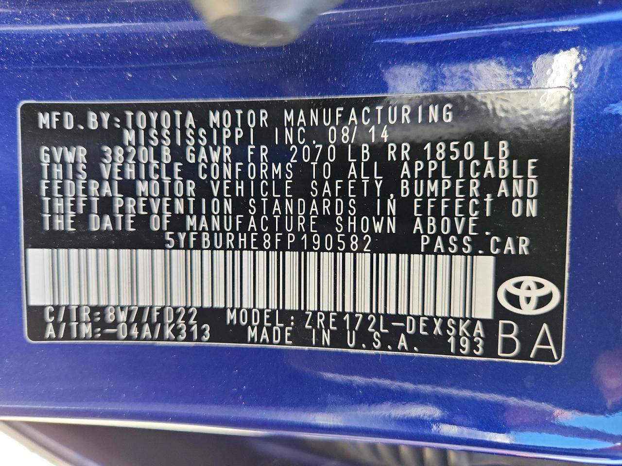 2015 Toyota Corolla S Plus Blue vin: 5YFBURHE8FP190582