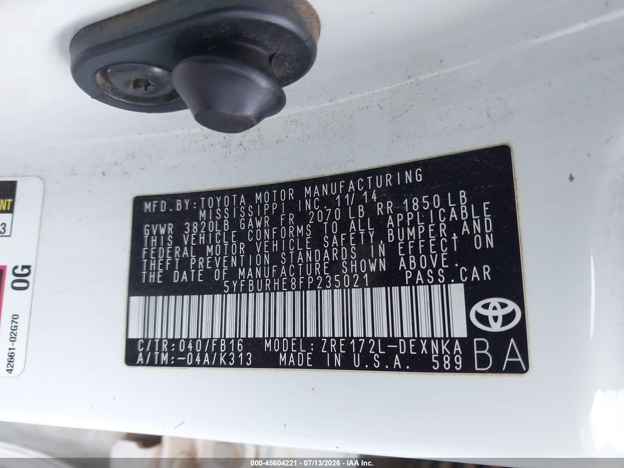 2015 Toyota Corolla Le Plus Белый vin: 5YFBURHE8FP235021