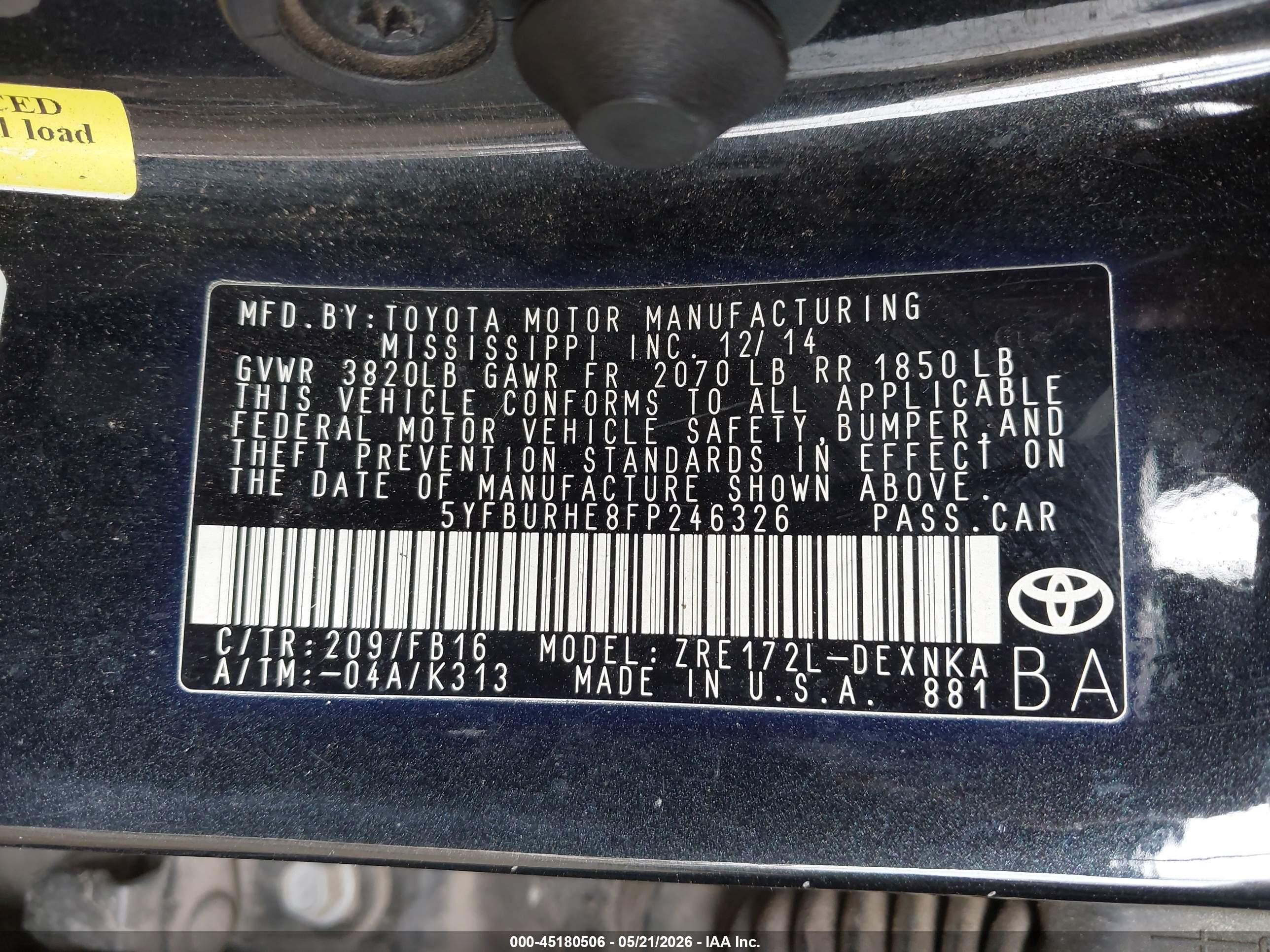 2015 Toyota Corolla Le Plus Black vin: 5YFBURHE8FP246326