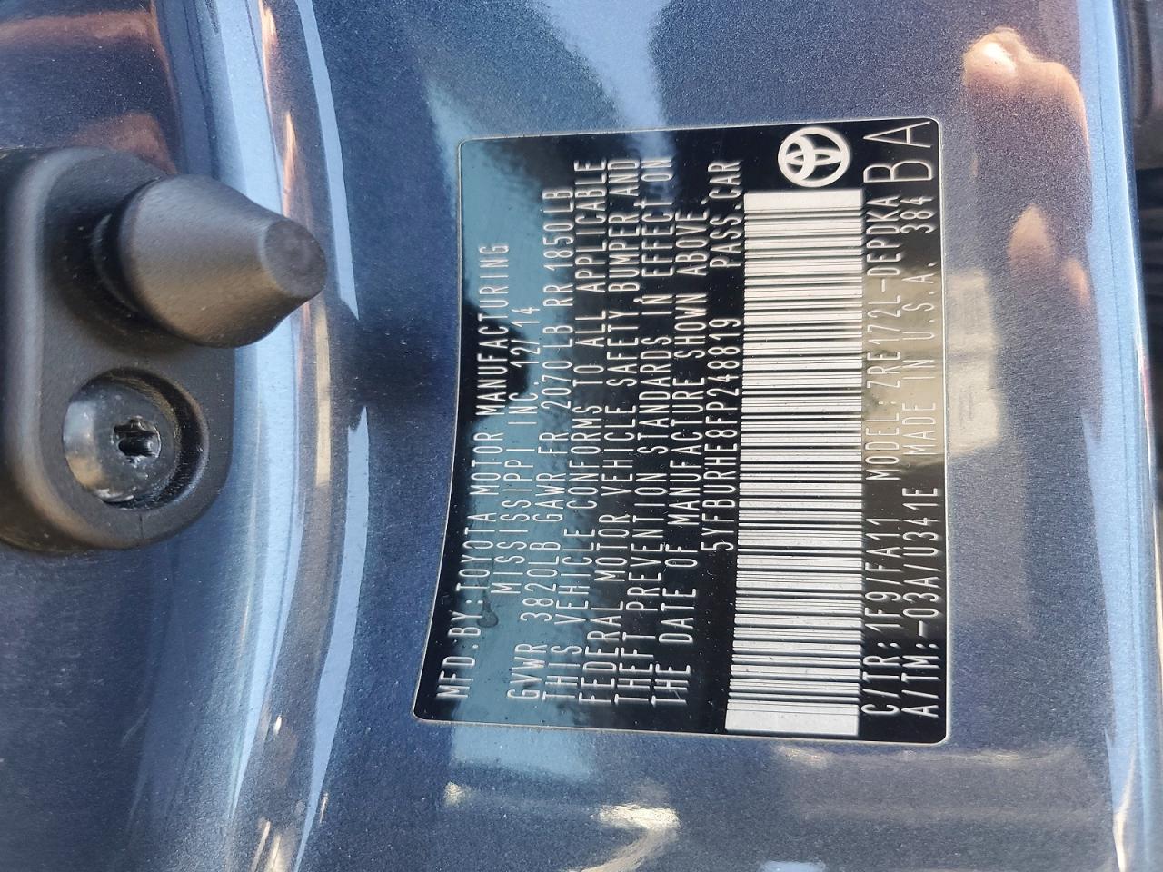 2015 Toyota Corolla L Charcoal vin: 5YFBURHE8FP248819