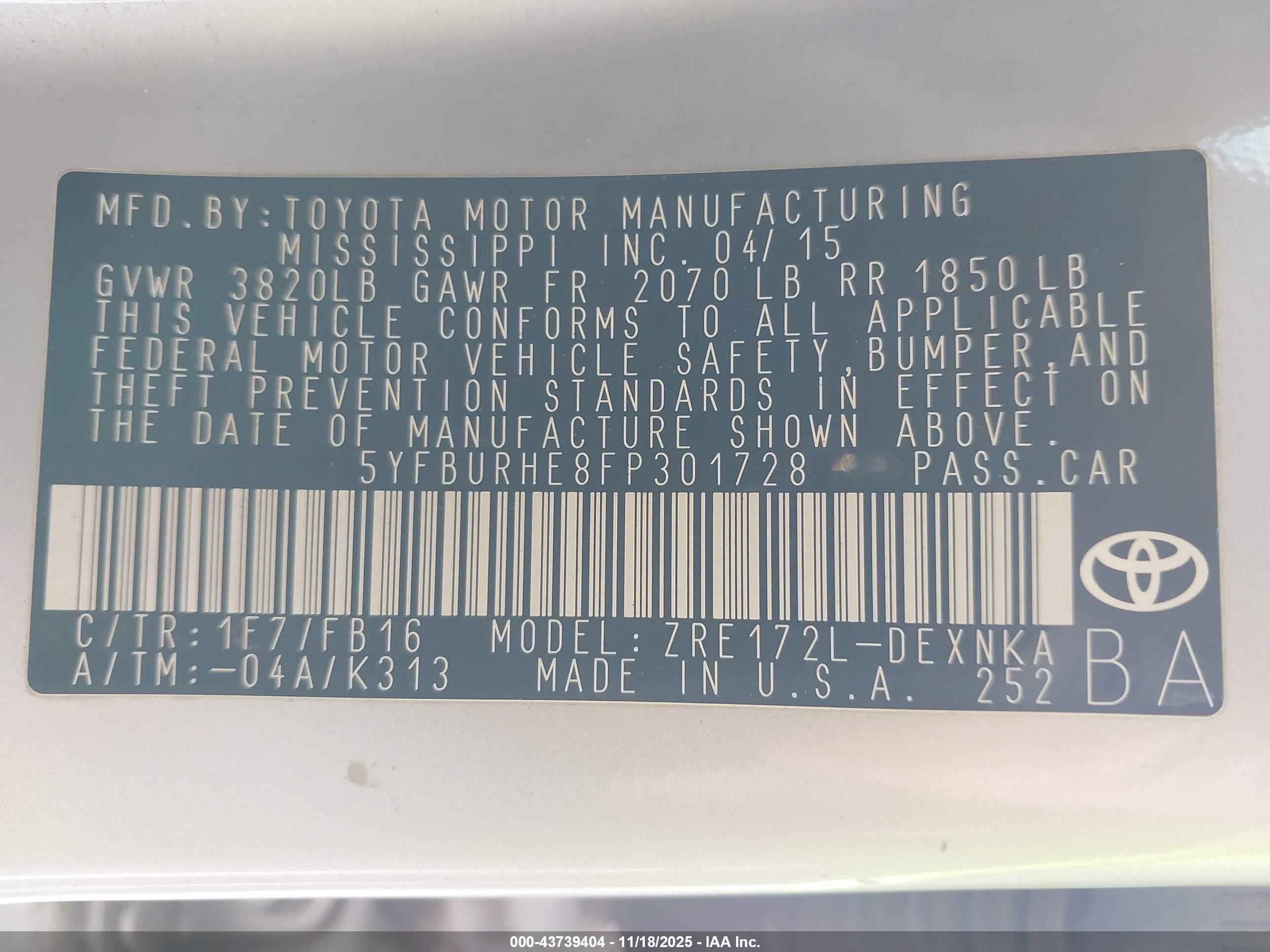 2015 Toyota Corolla Le Silver vin: 5YFBURHE8FP301728