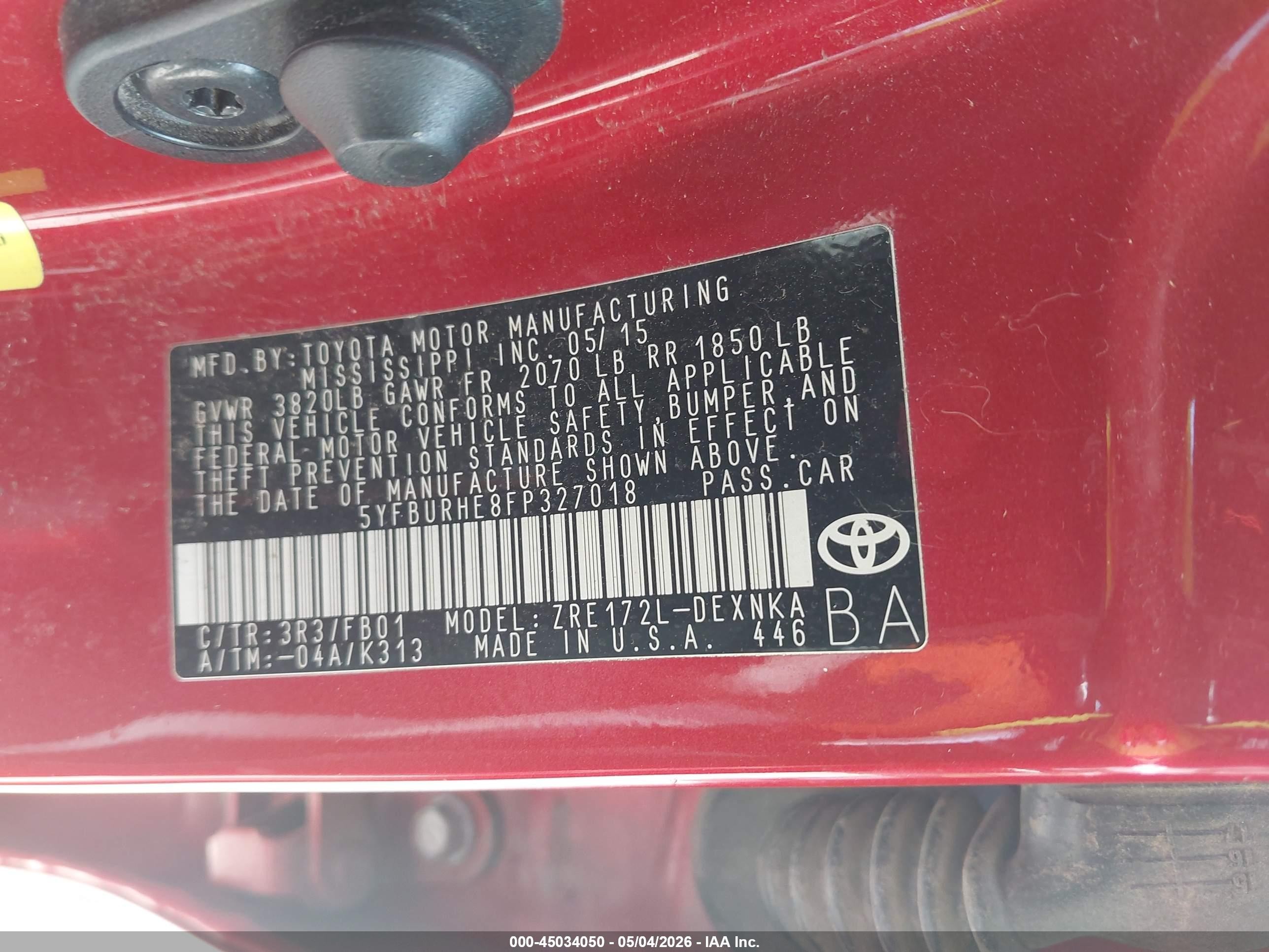 2015 Toyota Corolla Le Plus Red vin: 5YFBURHE8FP327018