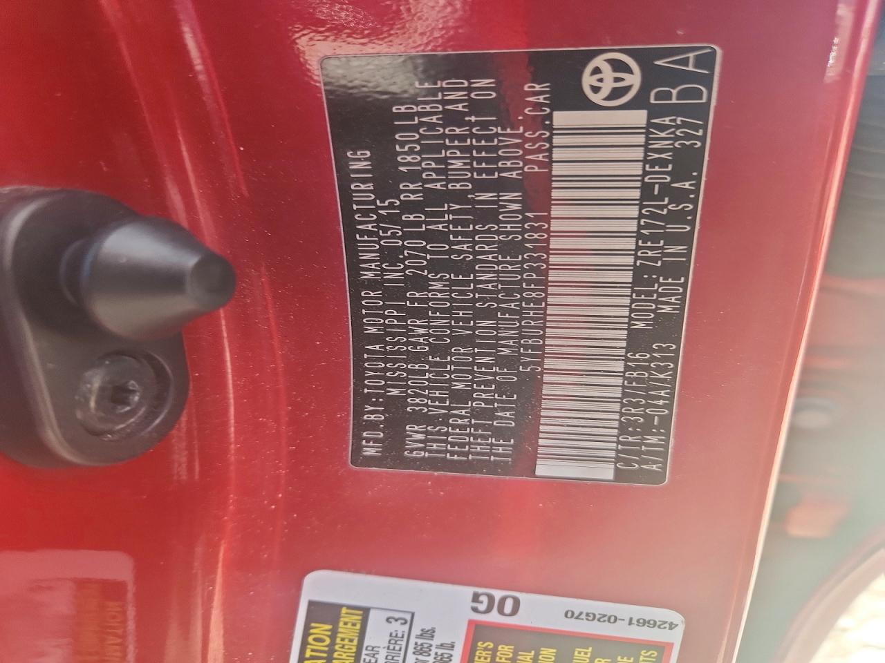 2015 Toyota Corolla Le Red vin: 5YFBURHE8FP331831