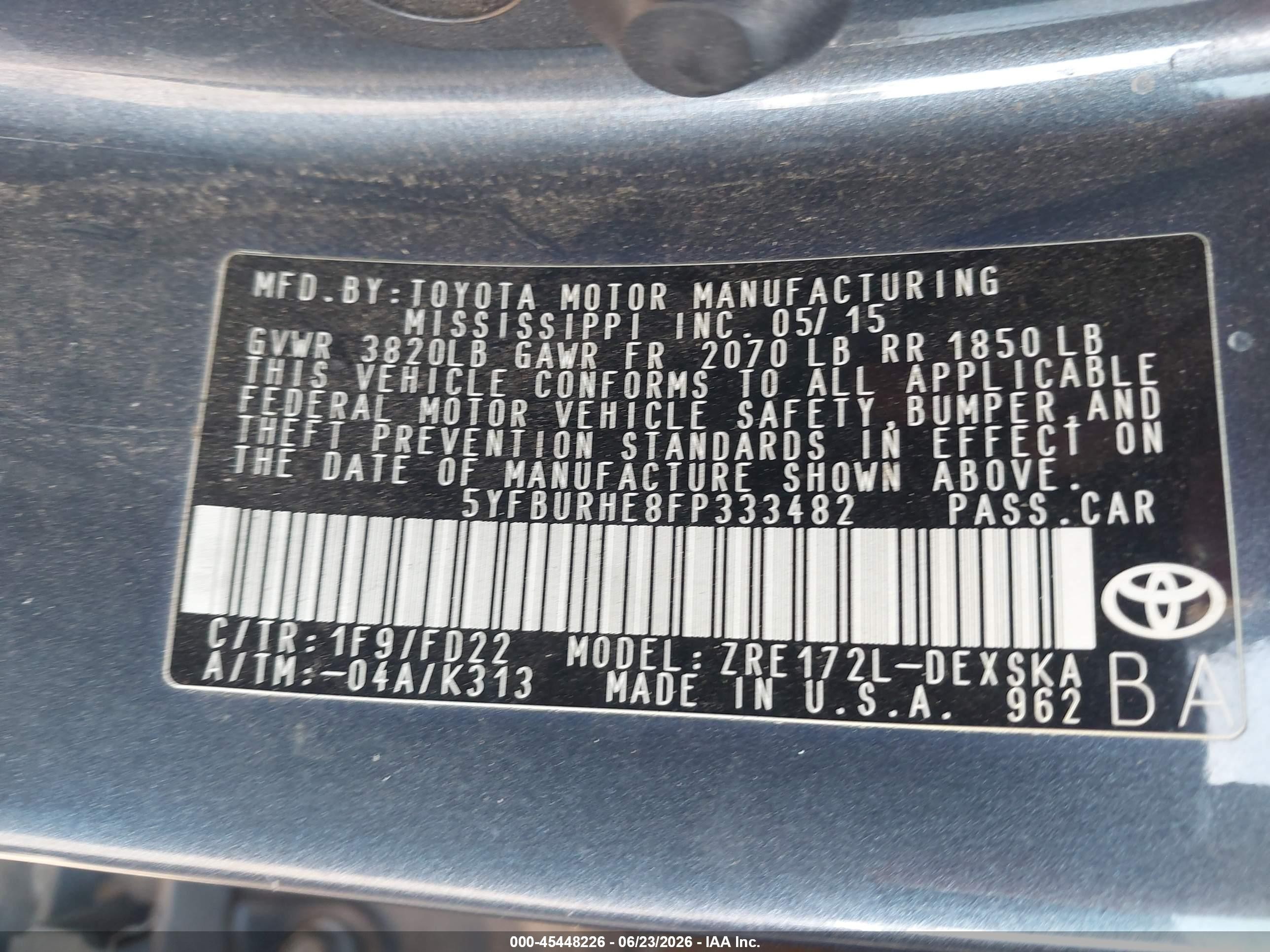 2015 Toyota Corolla S Plus Gray vin: 5YFBURHE8FP333482