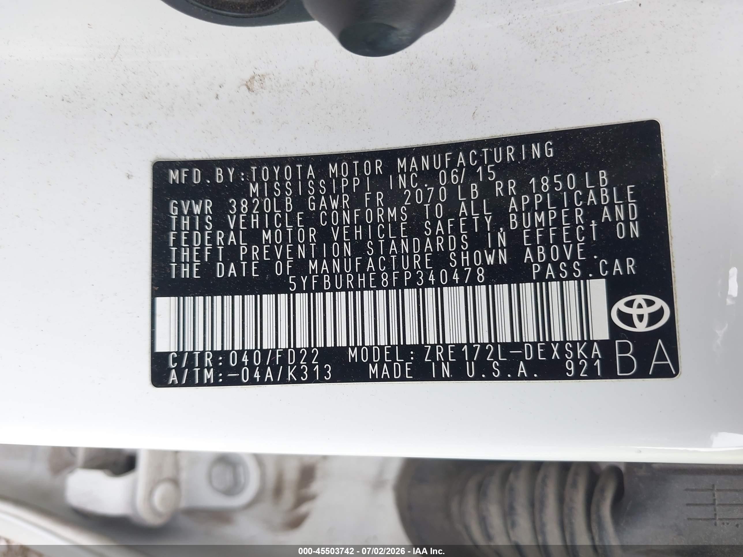2015 Toyota Corolla S Plus Белый vin: 5YFBURHE8FP340478