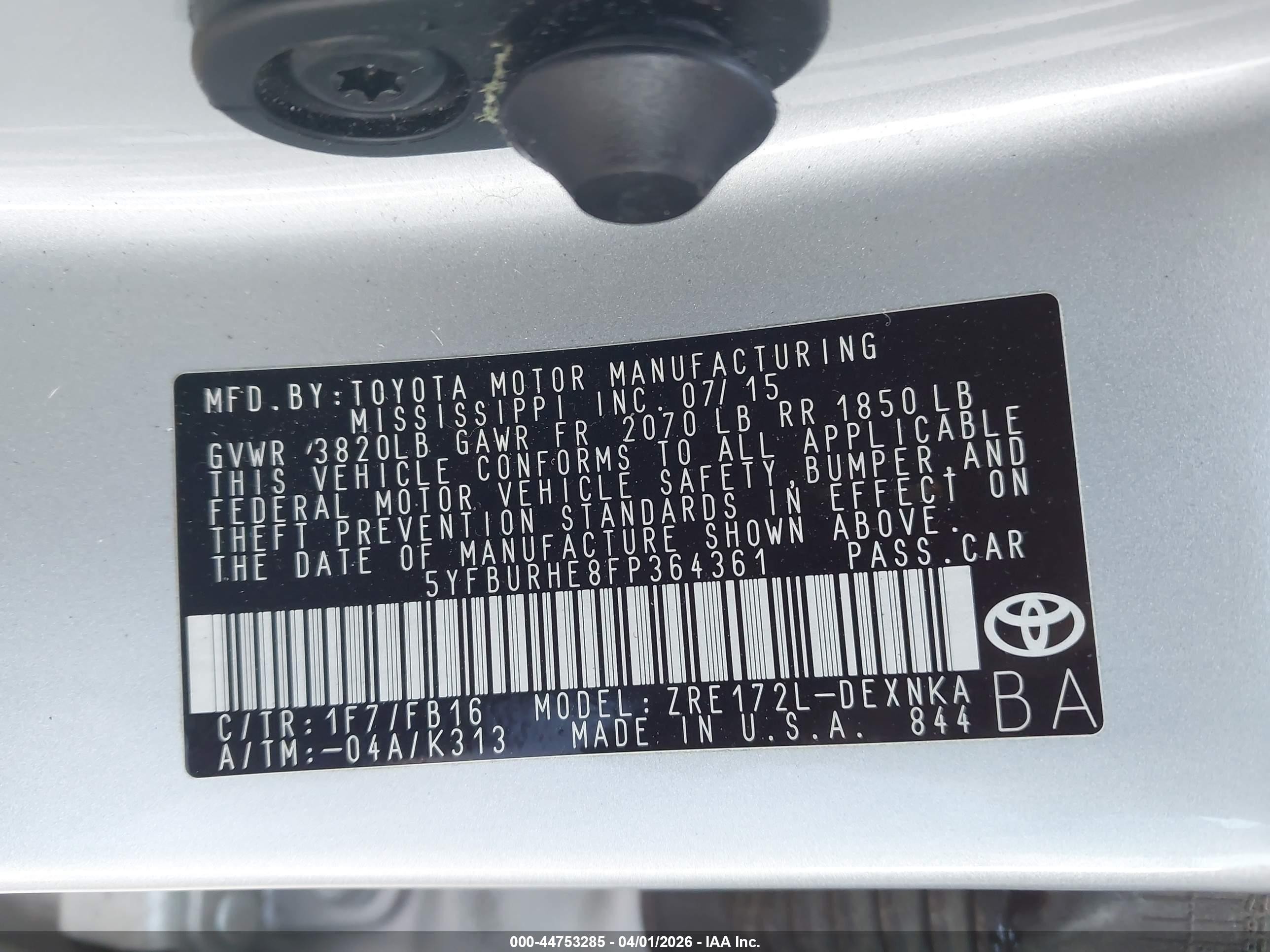 2015 Toyota Corolla Le Silver vin: 5YFBURHE8FP364361