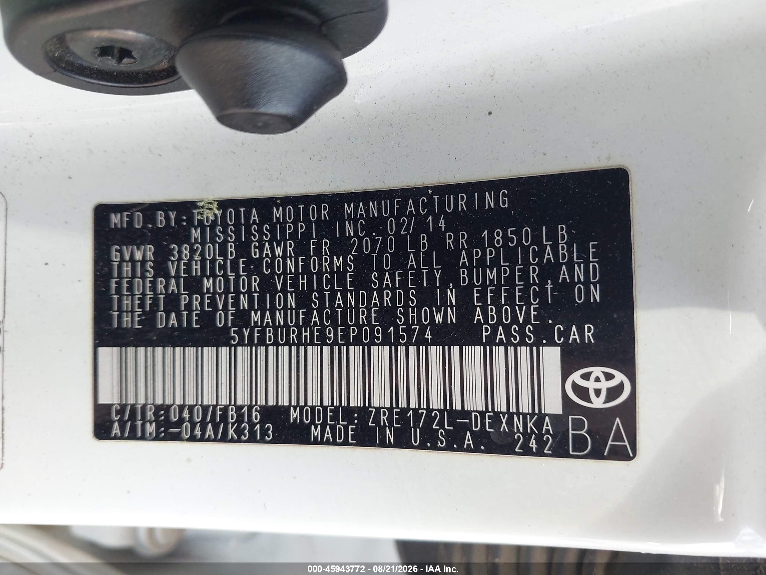2014 Toyota Corolla Le Plus White vin: 5YFBURHE9EP091574