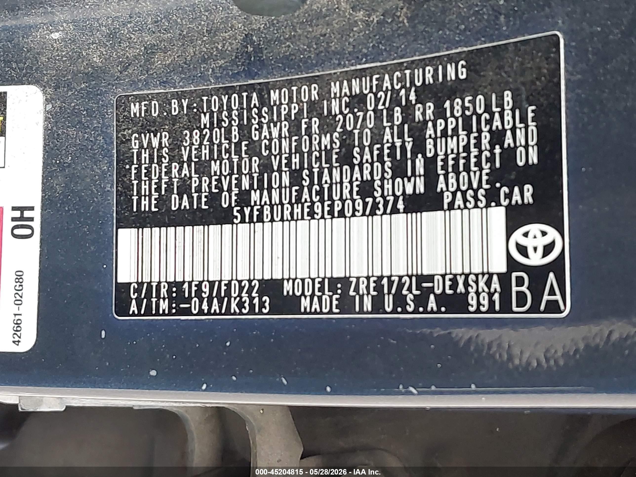 2014 Toyota Corolla S Plus Green vin: 5YFBURHE9EP097374