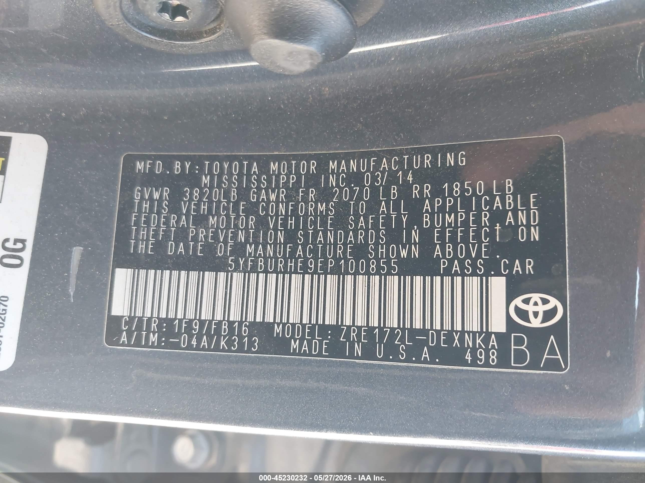 2014 Toyota Corolla Le Plus Gray vin: 5YFBURHE9EP100855