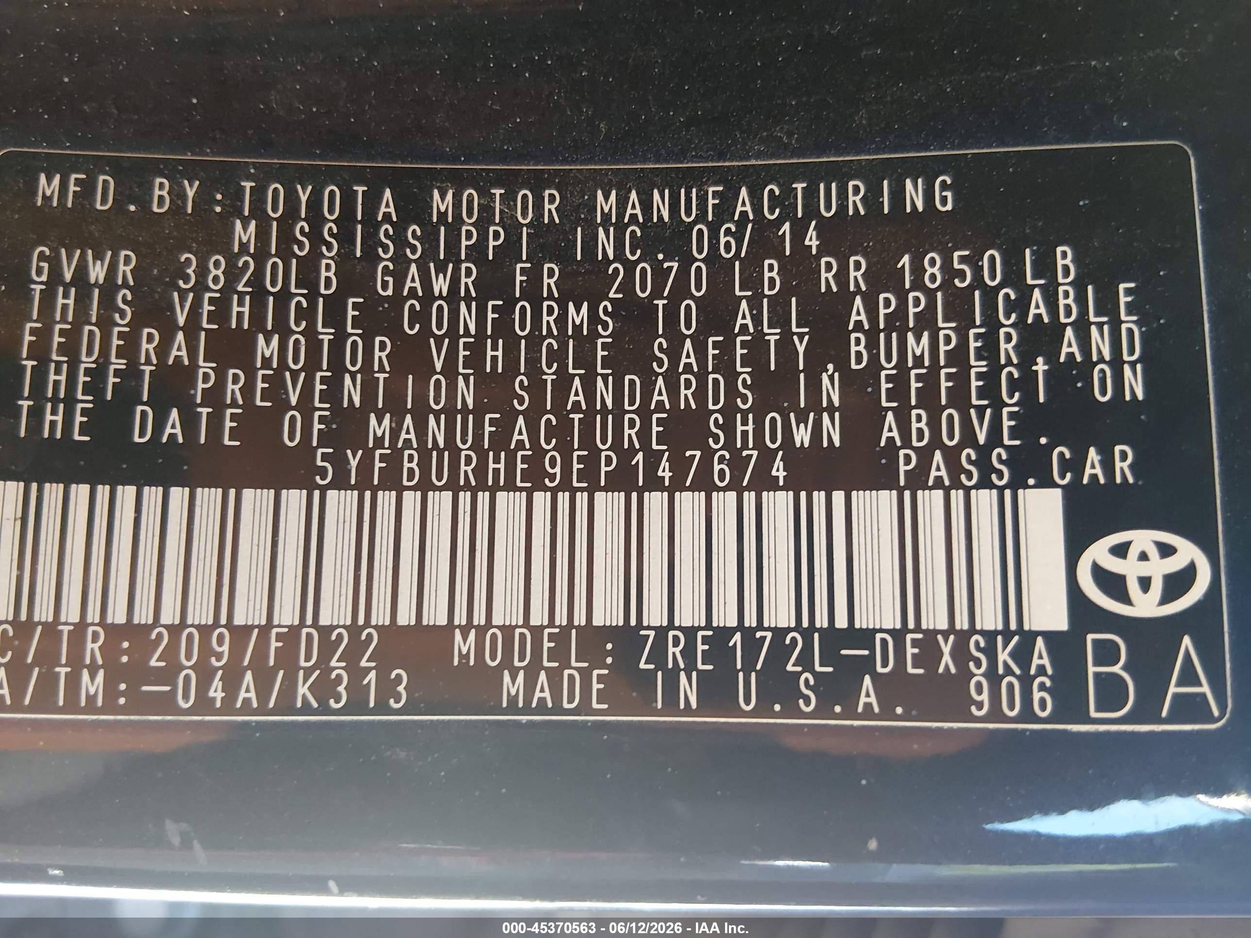 2014 Toyota Corolla S Plus Black vin: 5YFBURHE9EP147674