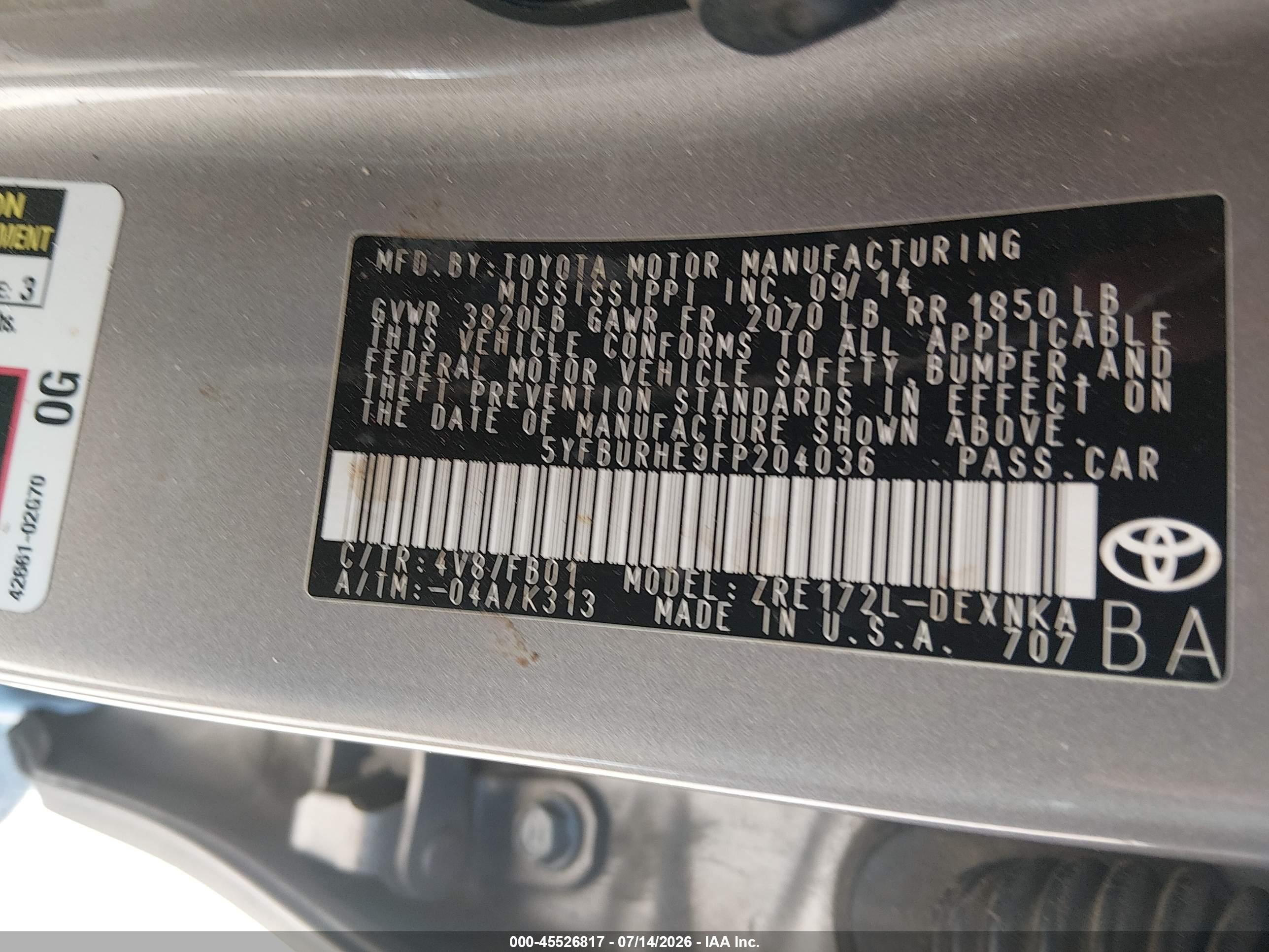 2015 Toyota Corolla Le Pewter vin: 5YFBURHE9FP204036