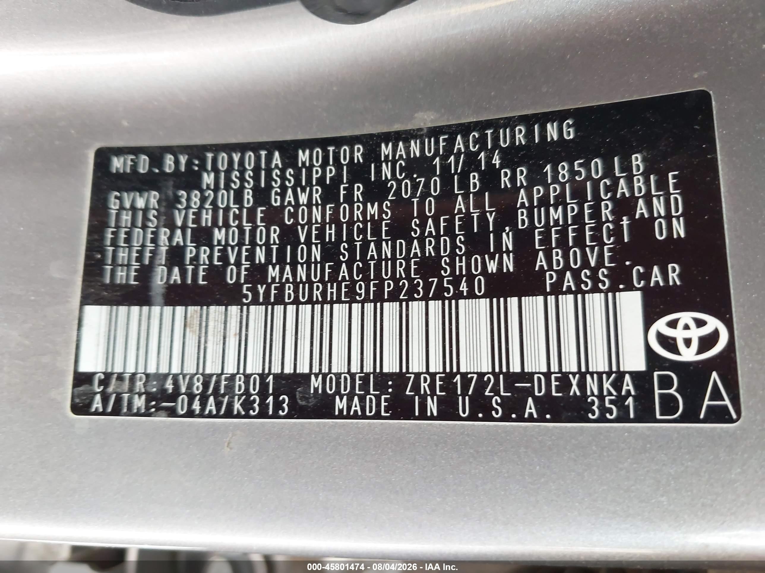 2015 Toyota Corolla Le Plus Gray vin: 5YFBURHE9FP237540