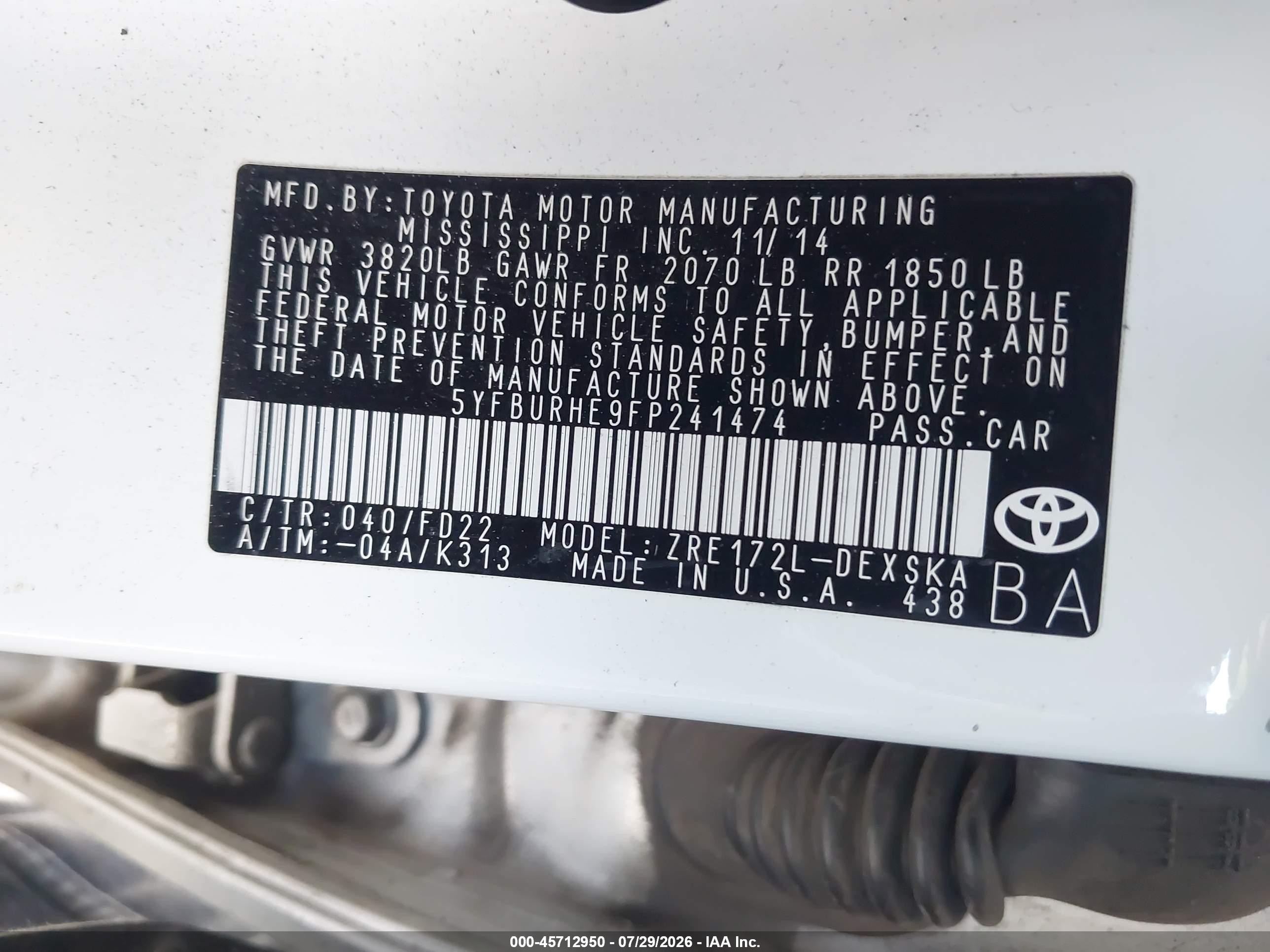 2015 Toyota Corolla S Plus White vin: 5YFBURHE9FP241474