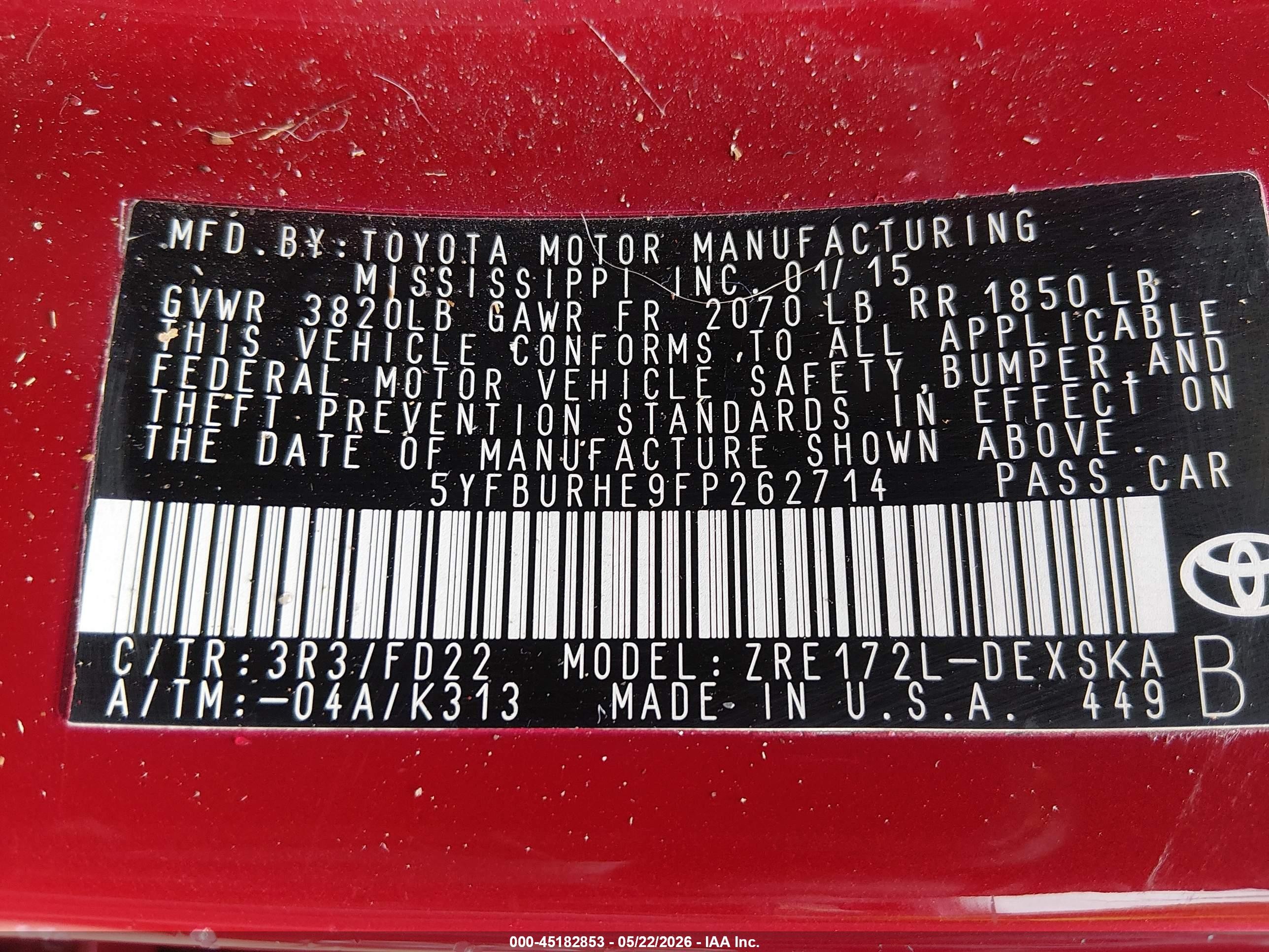 2015 Toyota Corolla S Красный vin: 5YFBURHE9FP262714
