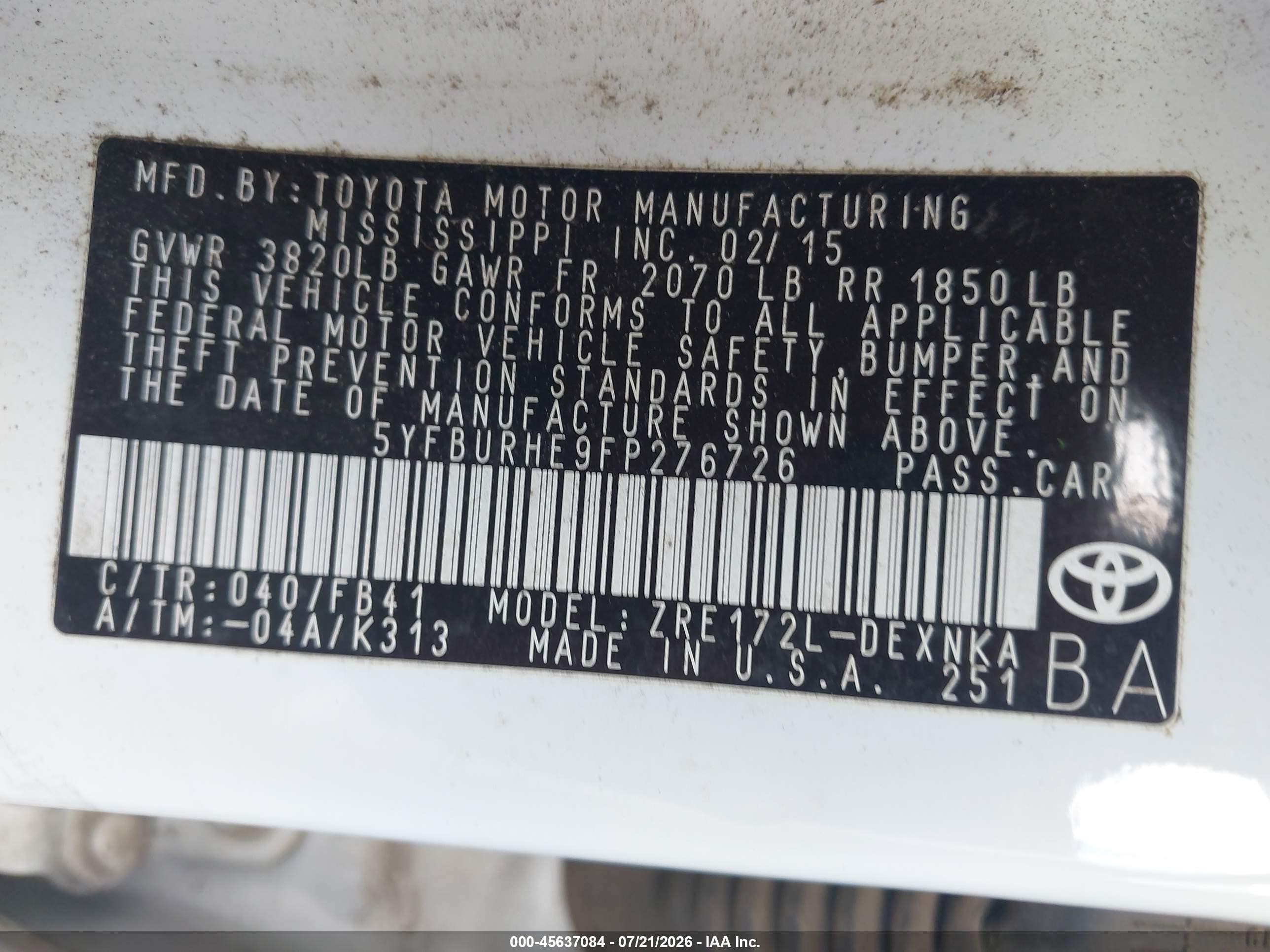 2015 Toyota Corolla Le Plus White vin: 5YFBURHE9FP276726