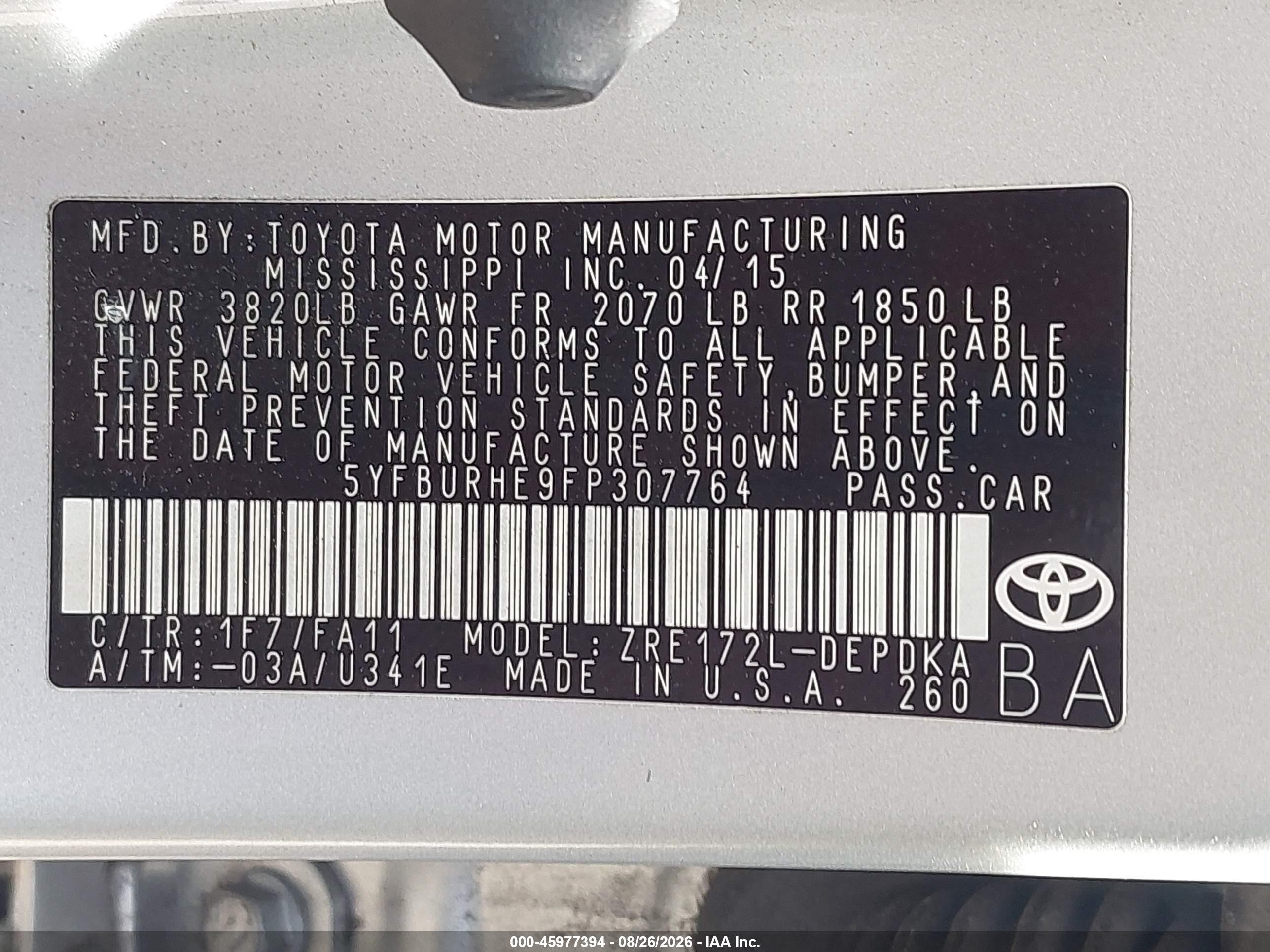 2015 Toyota Corolla L Silver vin: 5YFBURHE9FP307764