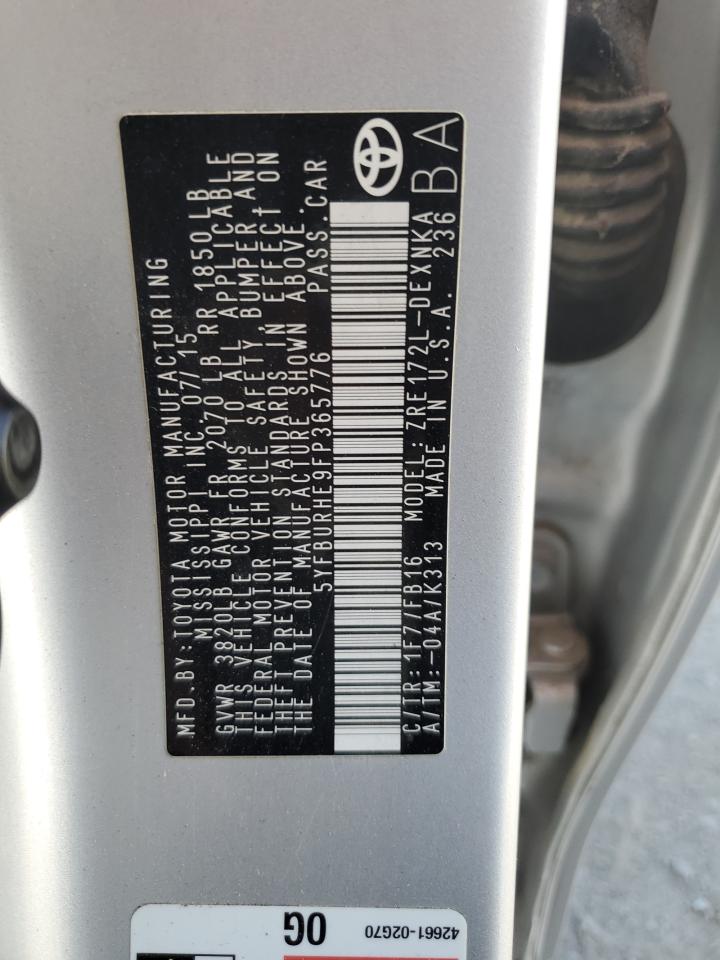 2015 Toyota Corolla L   Серебряный vin: 5YFBURHE9FP365776