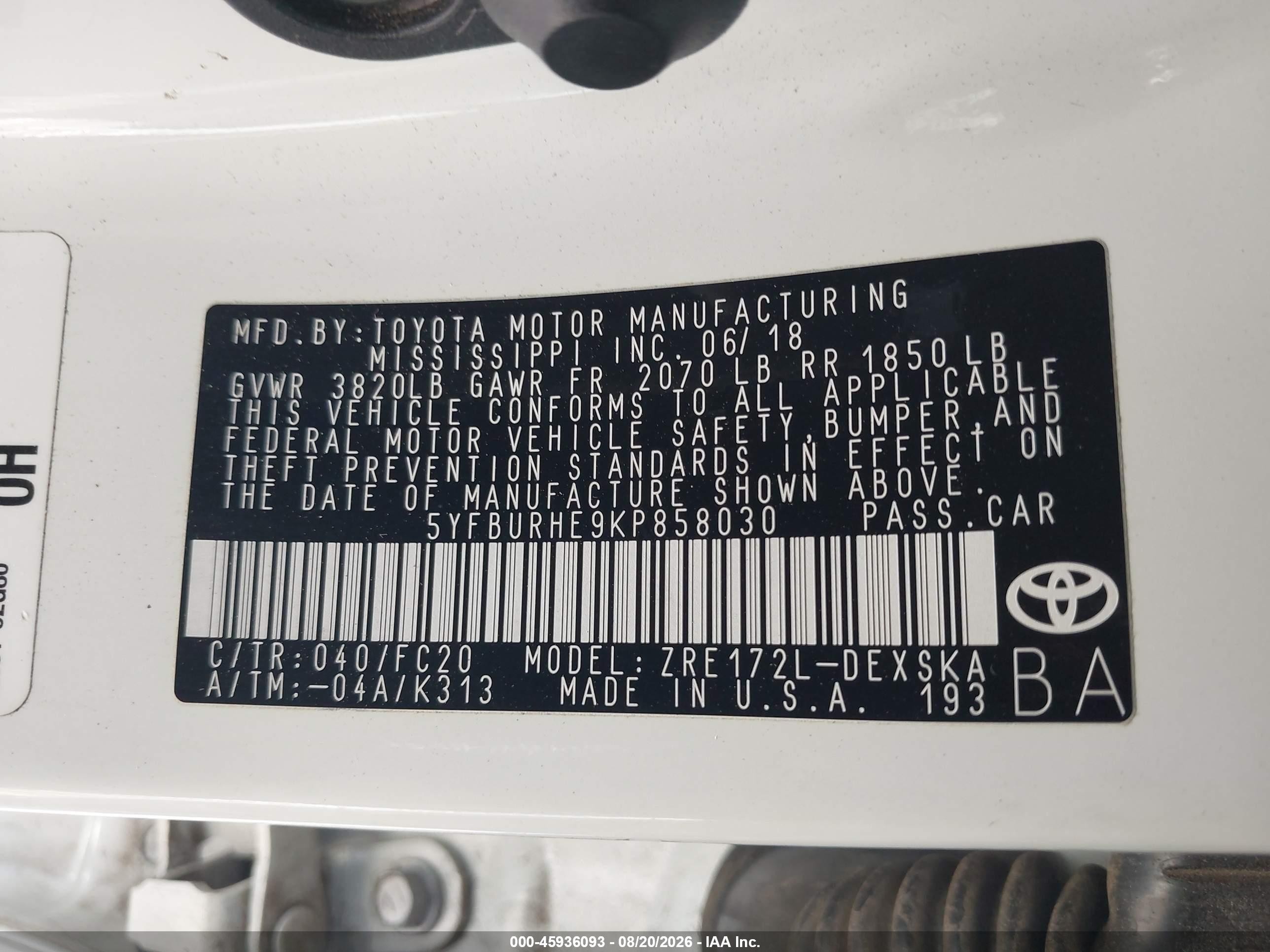 2019 Toyota Corolla Se White vin: 5YFBURHE9KP858030