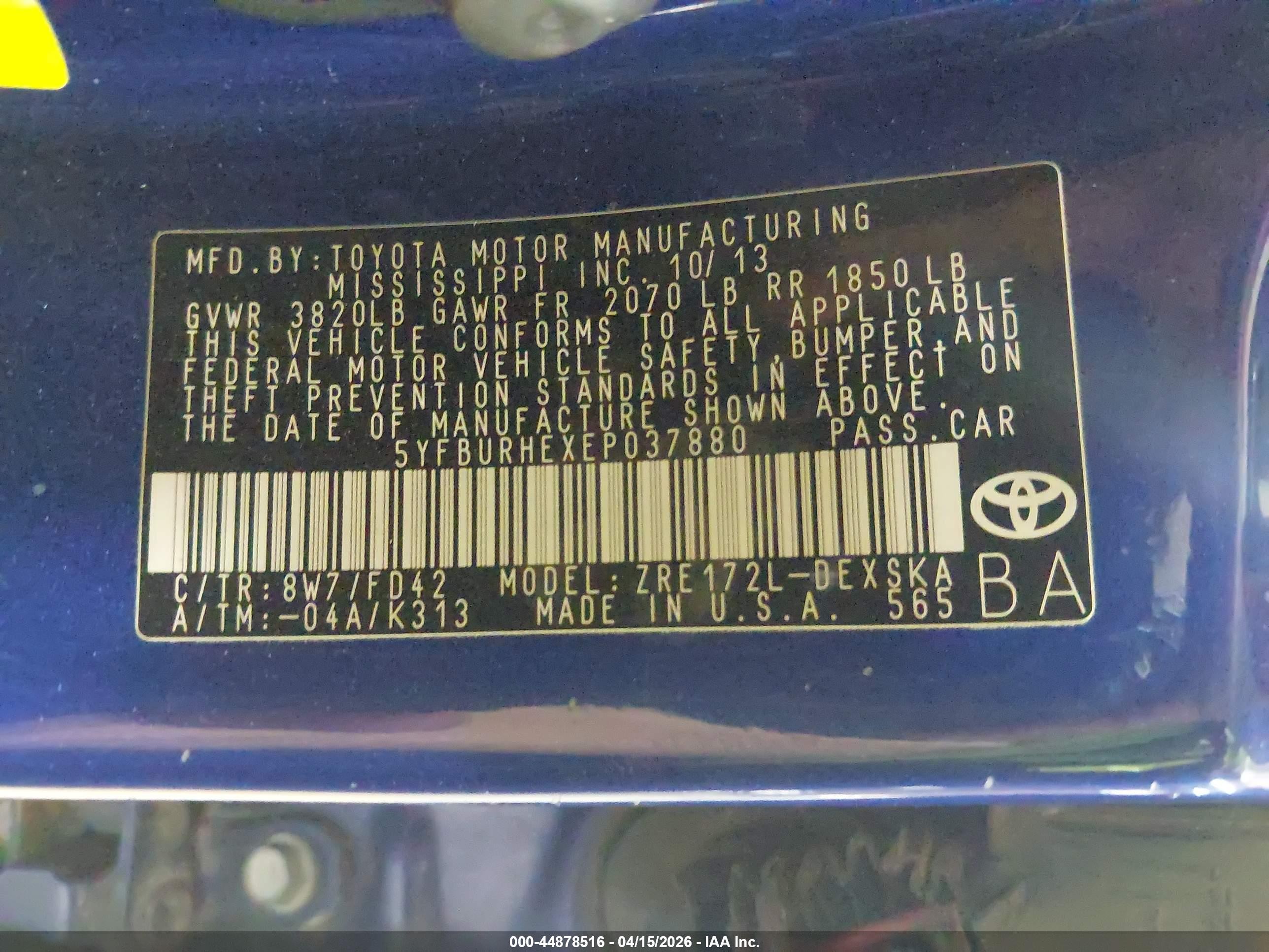 2014 Toyota Corolla S Plus Blue vin: 5YFBURHEXEP037880