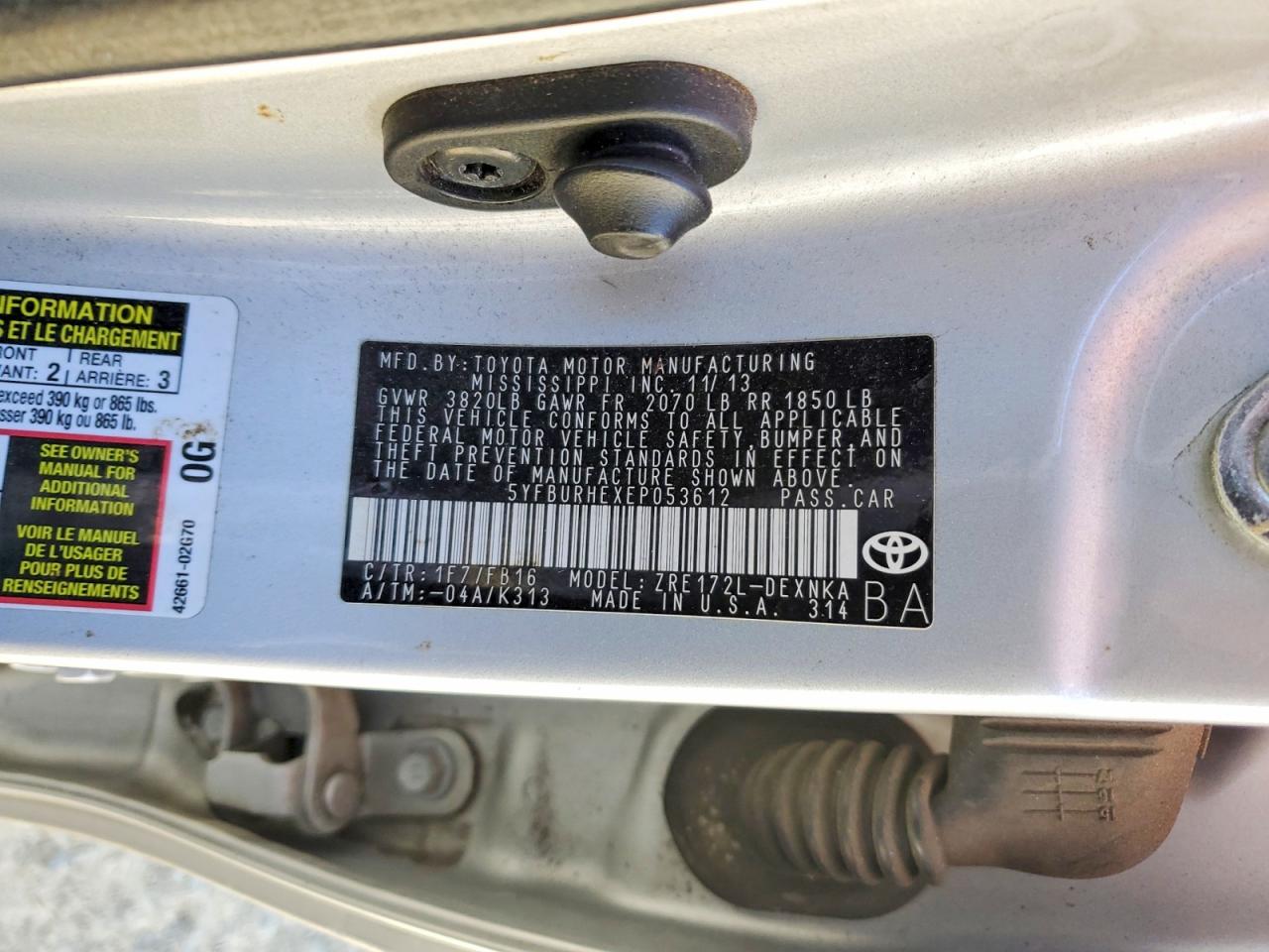 2014 Toyota Corolla Le Silver vin: 5YFBURHEXEP053612