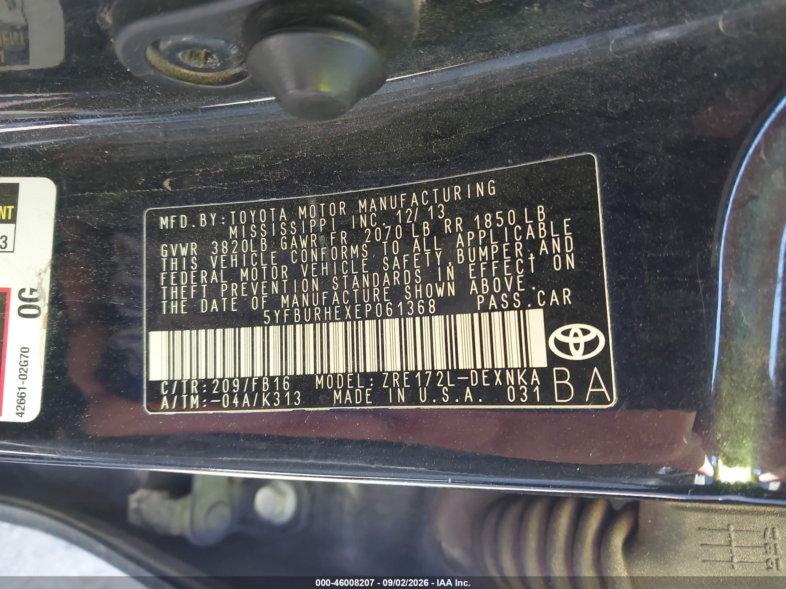 2014 Toyota Corolla Le Black vin: 5YFBURHEXEP061368