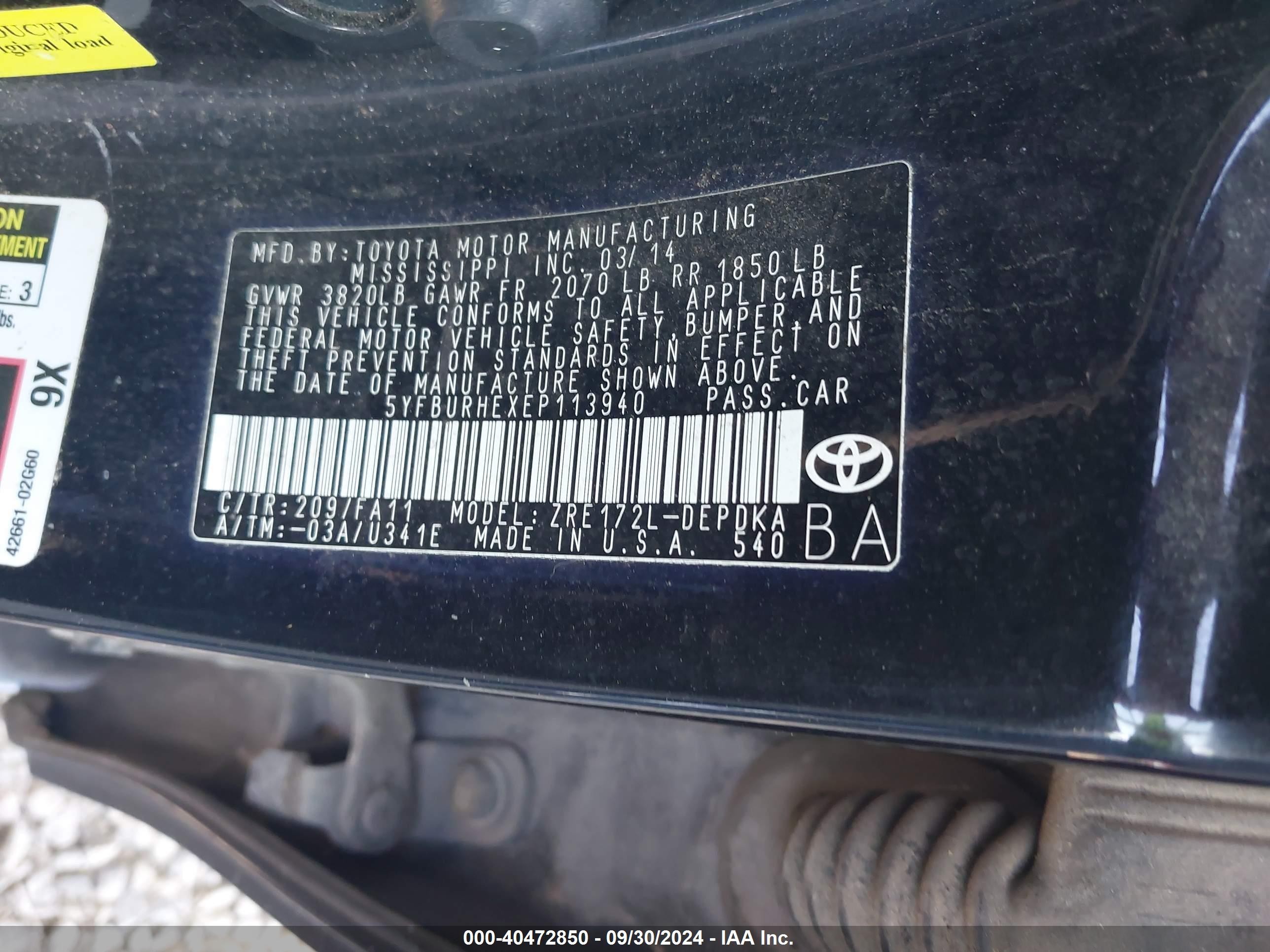 2014 Toyota Corolla L Black vin: 5YFBURHEXEP113940
