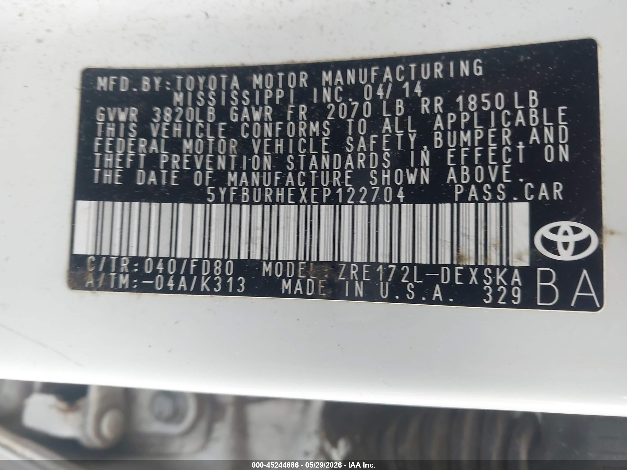 2014 Toyota Corolla S Plus White vin: 5YFBURHEXEP122704